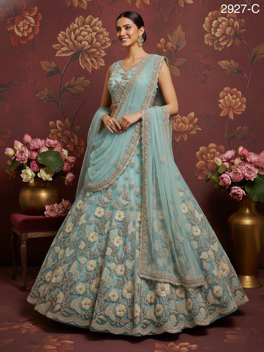 Sky Blue Pure Soft Net Heavy Embroidery Work Bridal Lehenga