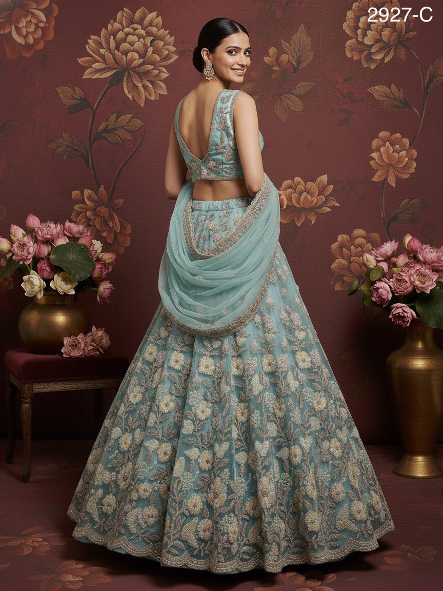 Sky Blue Pure Soft Net Heavy Embroidery Work Bridal Lehenga
