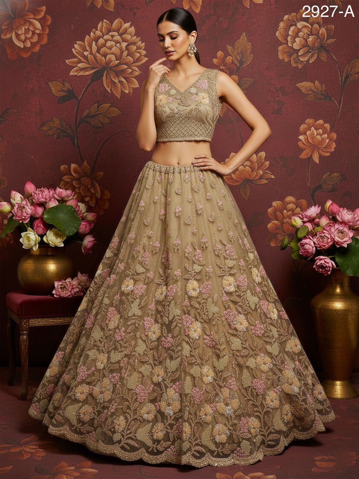 Golden Pure Soft Net Heavy Embroidery Work Bridal Lehenga