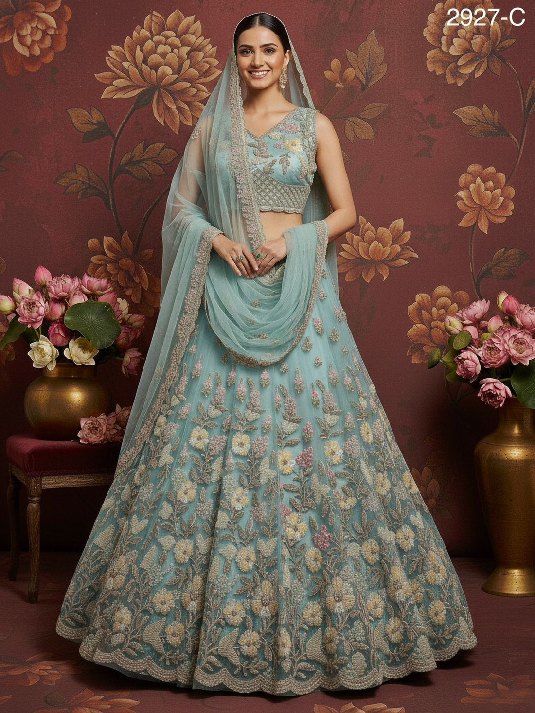 Sky Blue Pure Soft Net Heavy Embroidery Work Bridal Lehenga Bridal Lehenga Anant Tex Exports Pvt.Ltd..