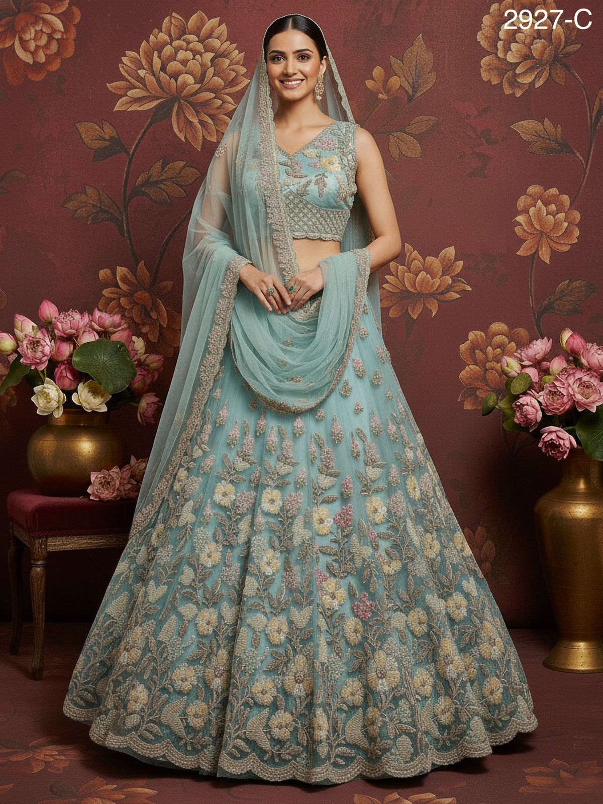 Sky Blue Pure Soft Net Heavy Embroidery Work Bridal Lehenga