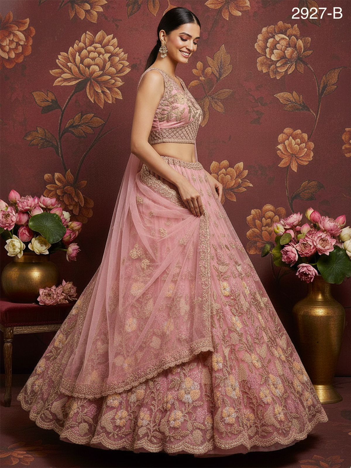 Pink Pure Soft Net Heavy Embroidery Work Bridal Lehenga