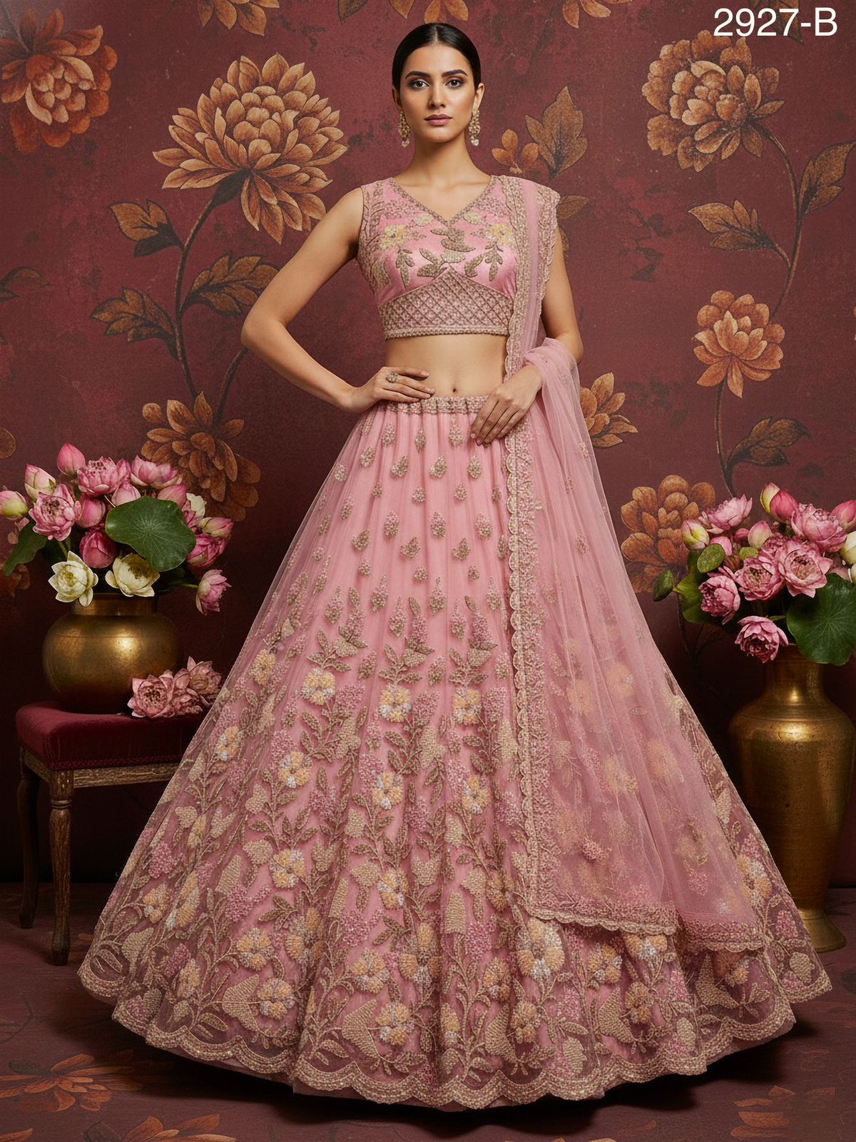 Pink Pure Soft Net Heavy Embroidery Work Bridal Lehenga
