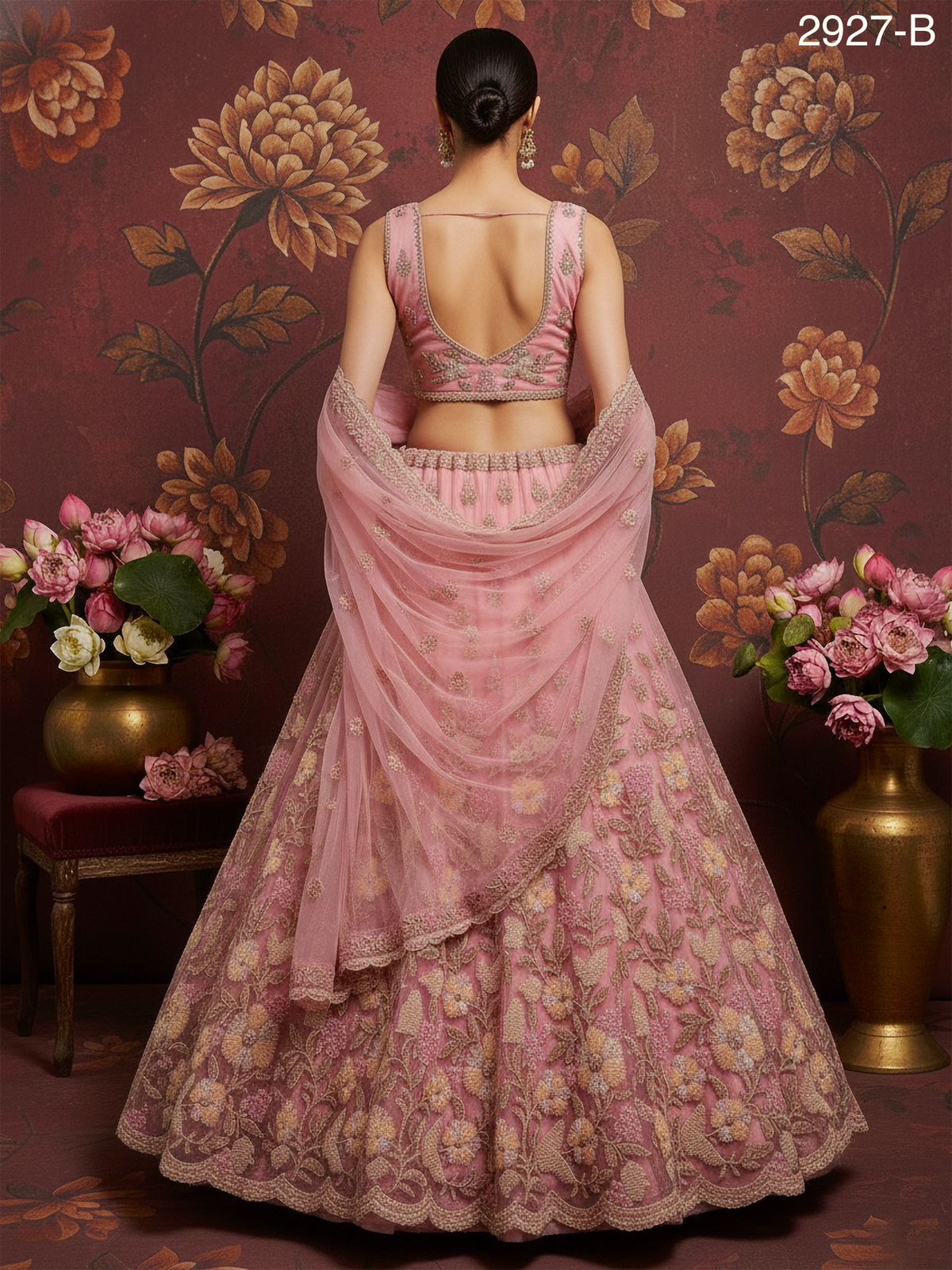 Pink Pure Soft Net Heavy Embroidery Work Bridal Lehenga