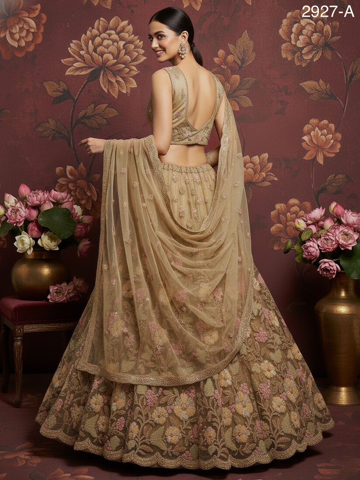 Golden Pure Soft Net Heavy Embroidery Work Bridal Lehenga