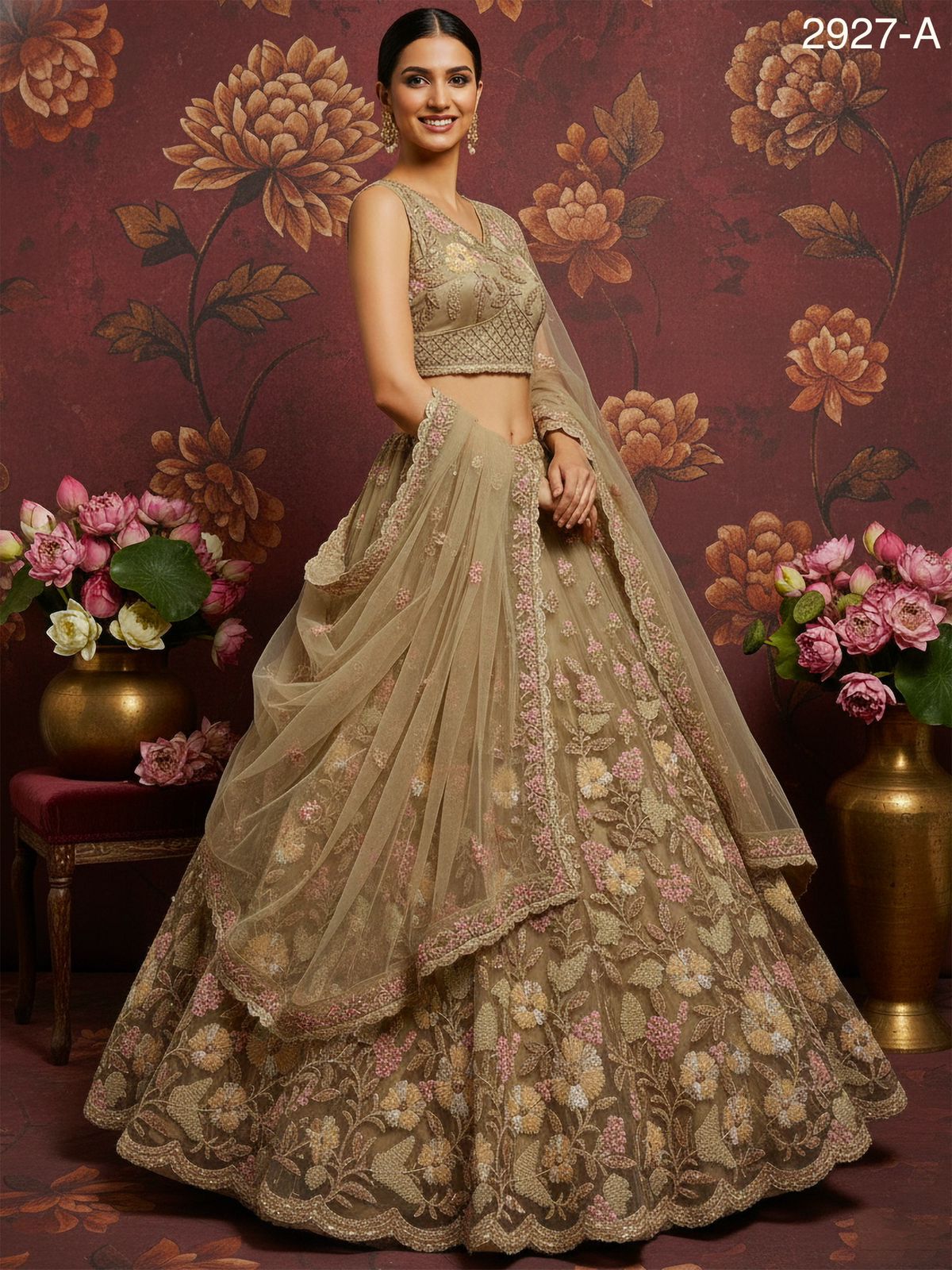 Golden Pure Soft Net Heavy Embroidery Work Bridal Lehenga