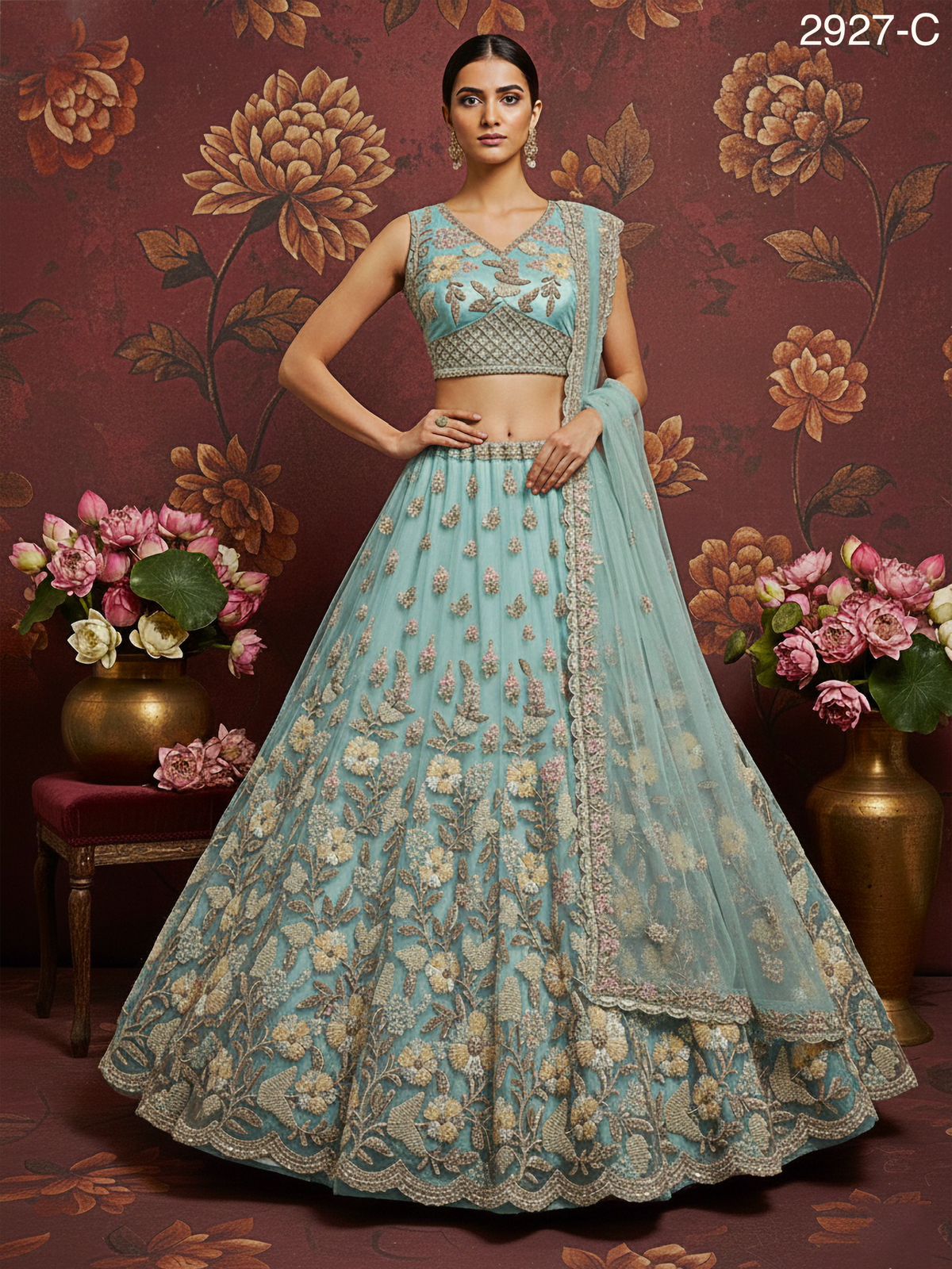 Sky Blue Pure Soft Net Heavy Embroidery Work Bridal Lehenga