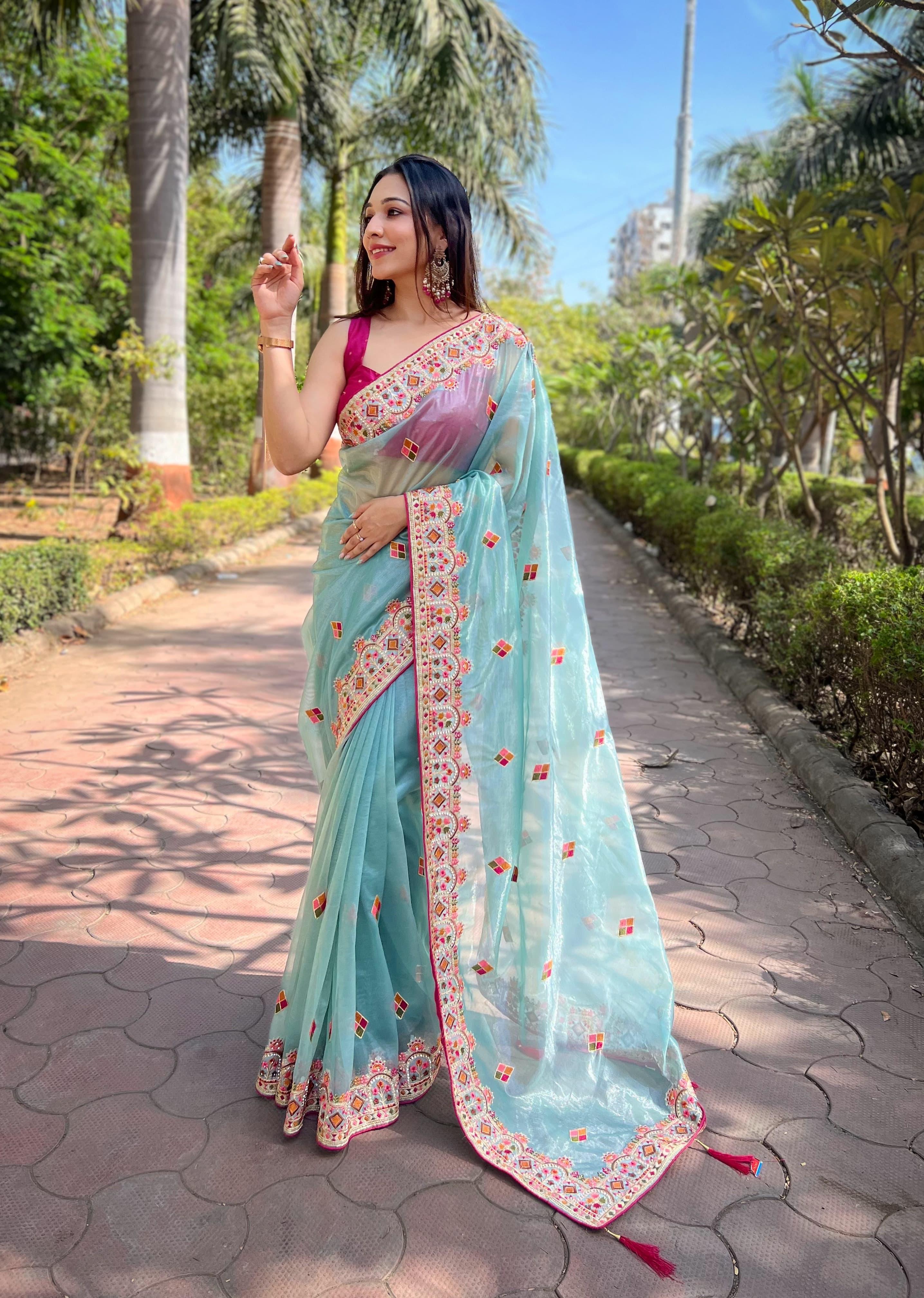 Sky Blue Pure Soft Twill Net Saree