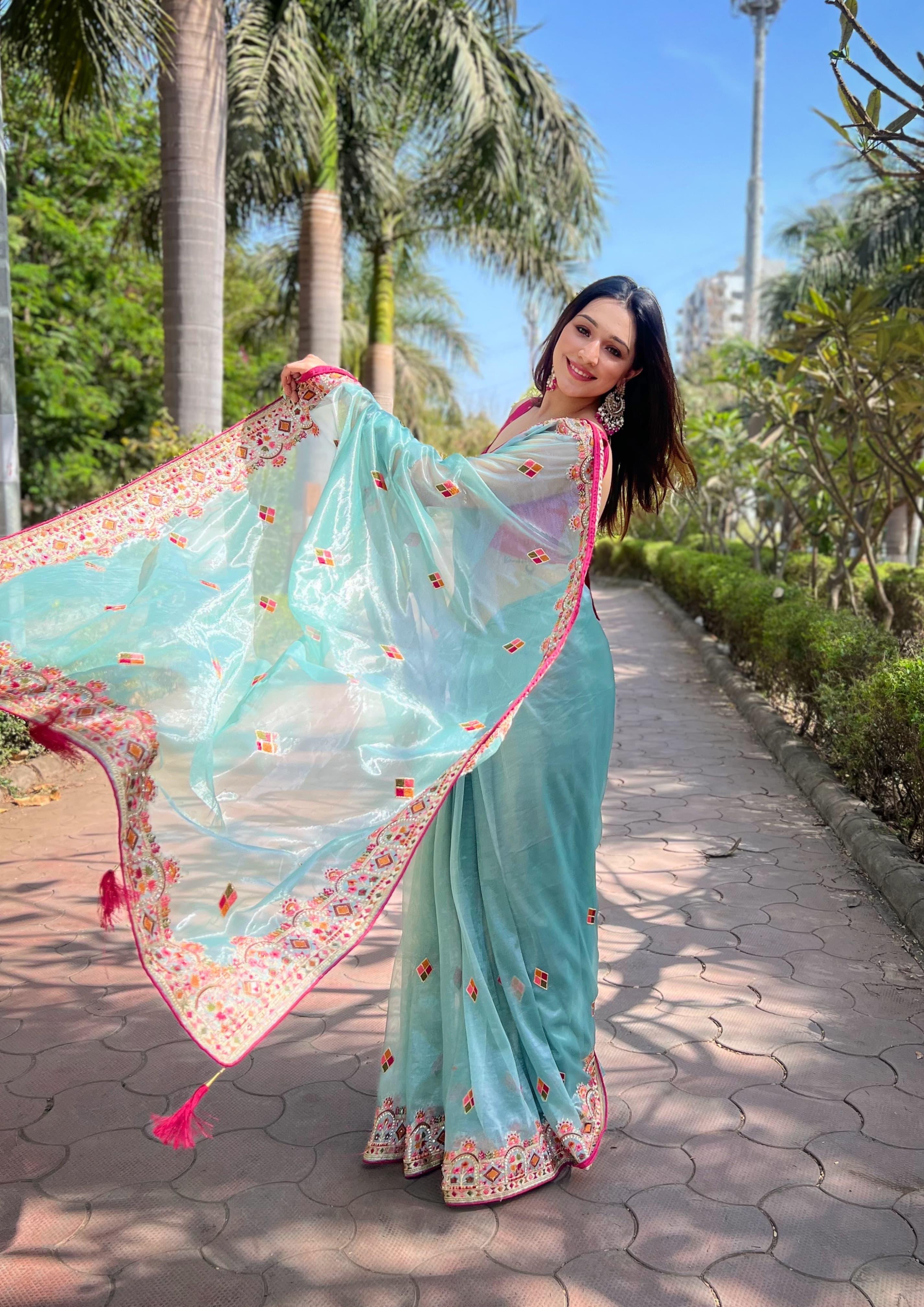 Sky Blue Pure Soft Twill Net Saree