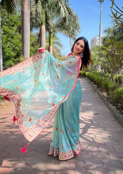 Sky Blue Pure Soft Twill Net Saree Net Saree Anant Tex Exports Pvt.Ltd..