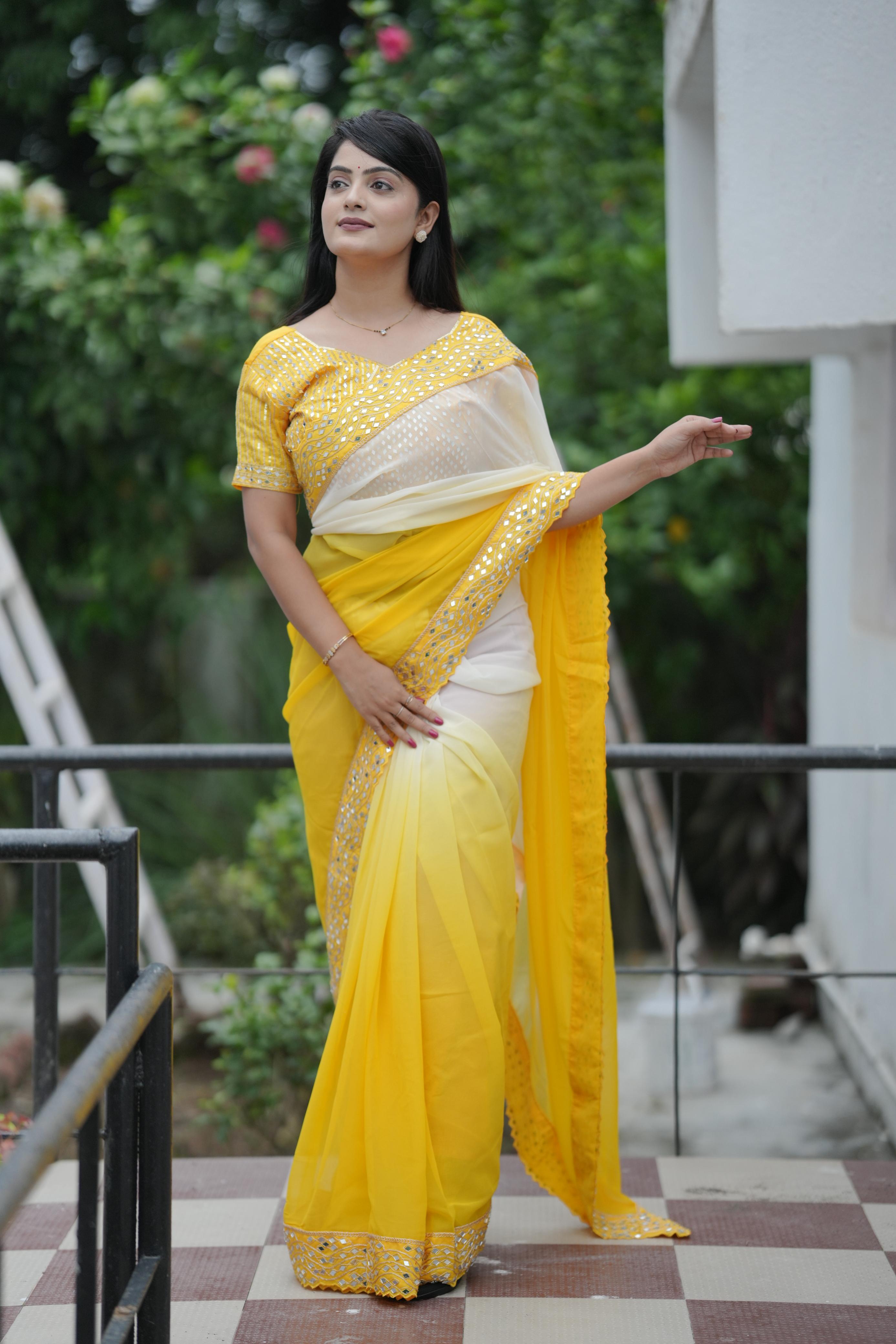 Yellow Pure Soft Heavy Faux Georgatte Saree