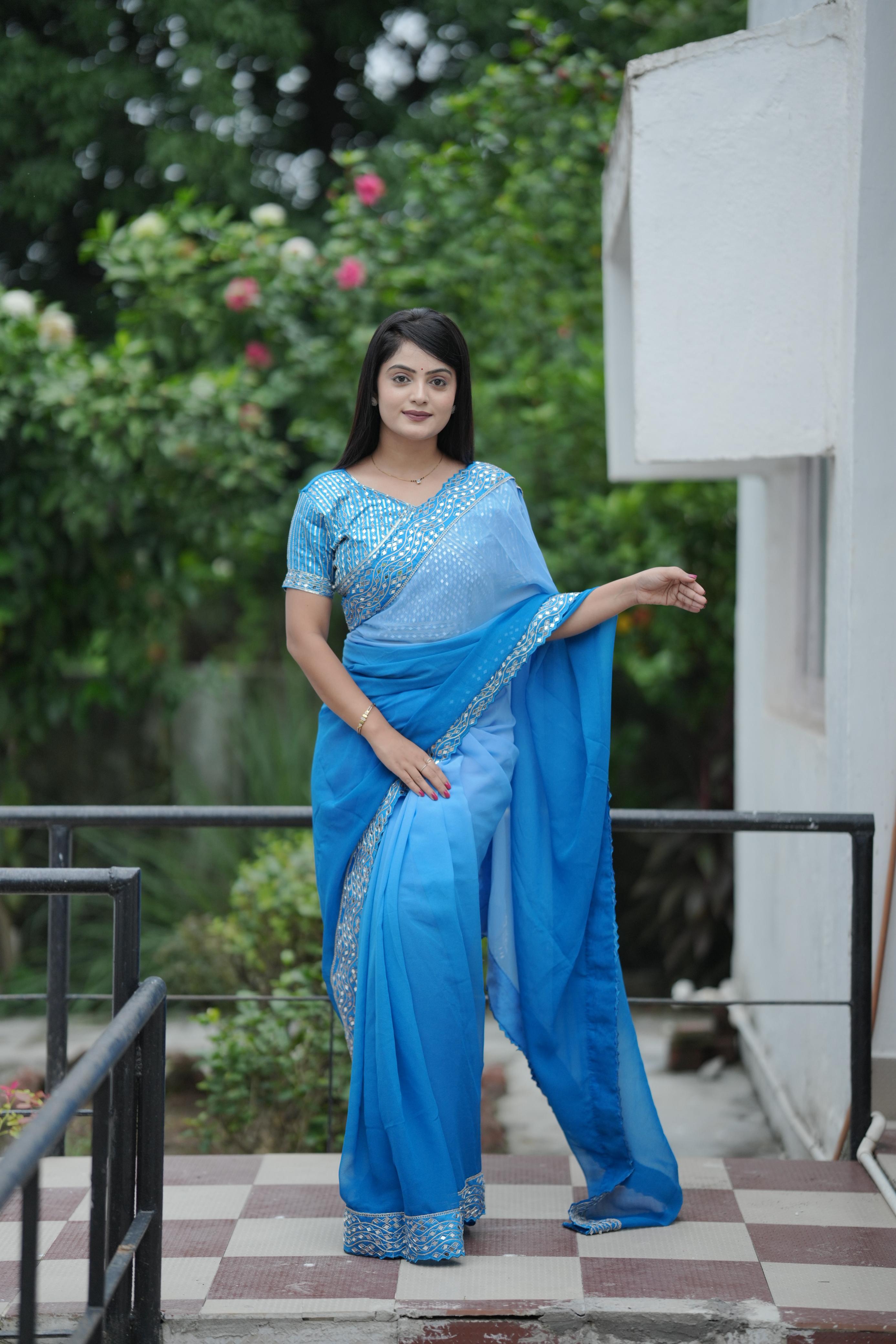 Sky Blue Pure Soft Heavy Faux Georgatte Saree