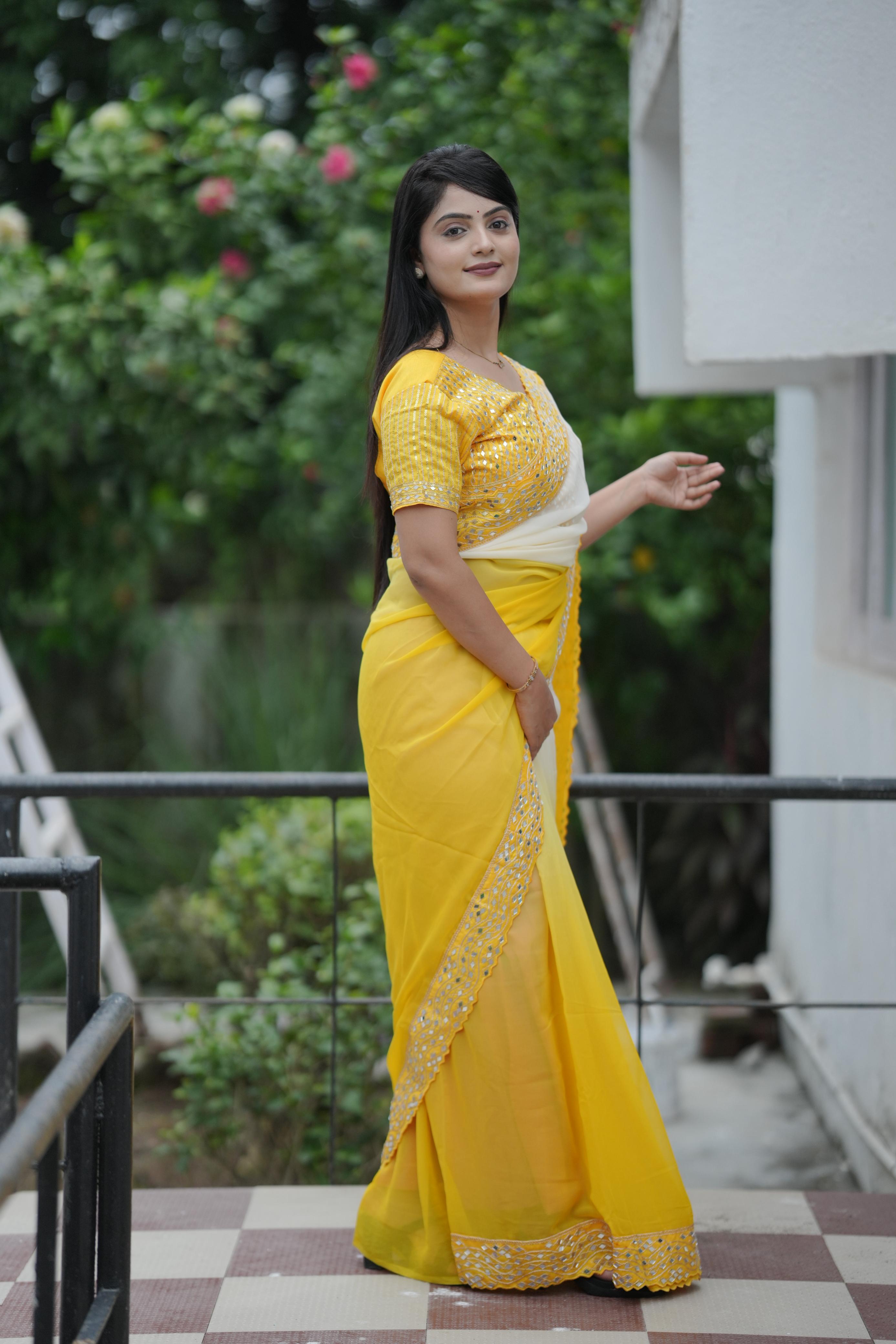 Yellow Pure Soft Heavy Faux Georgatte Saree