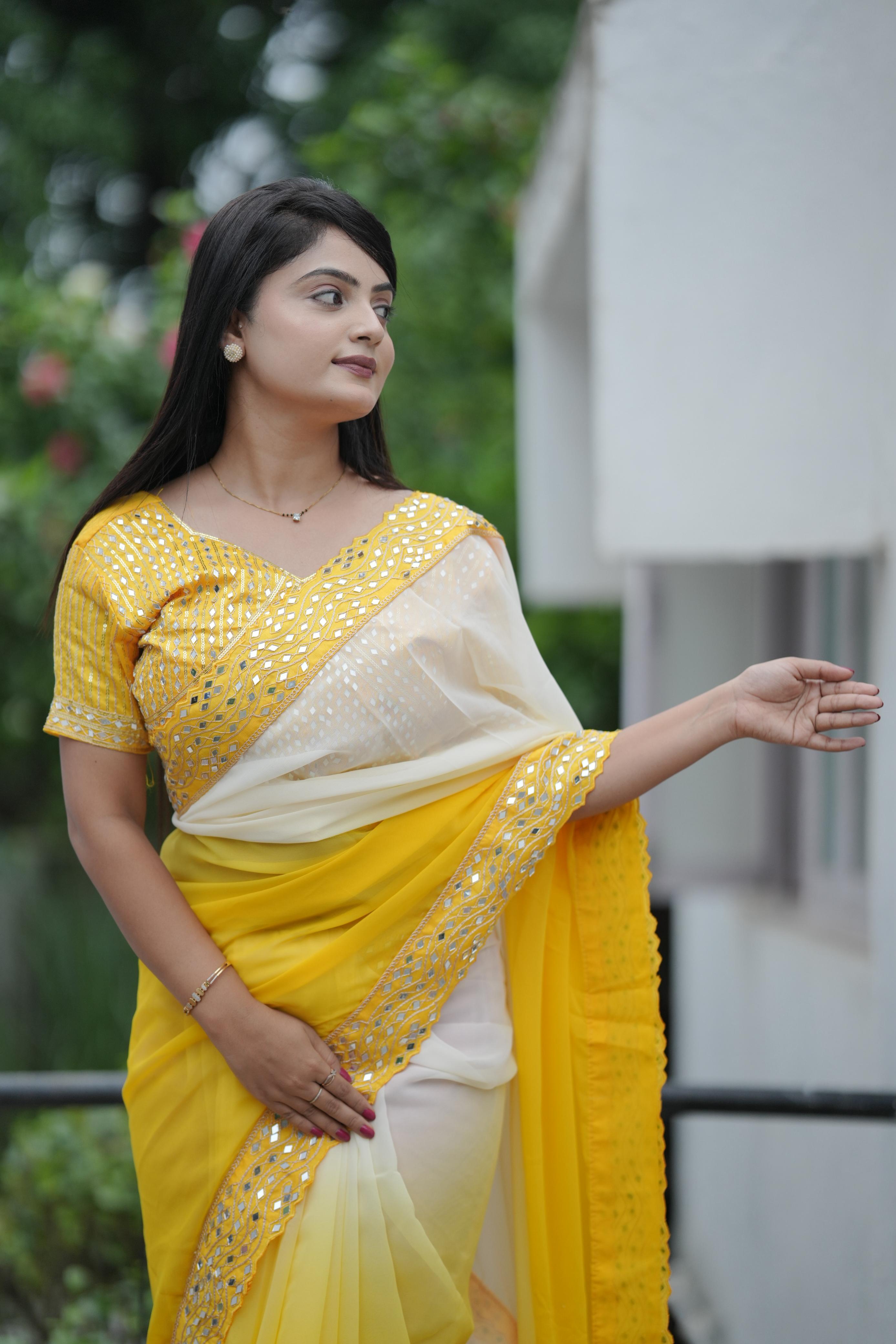 Yellow Pure Soft Heavy Faux Georgatte Saree