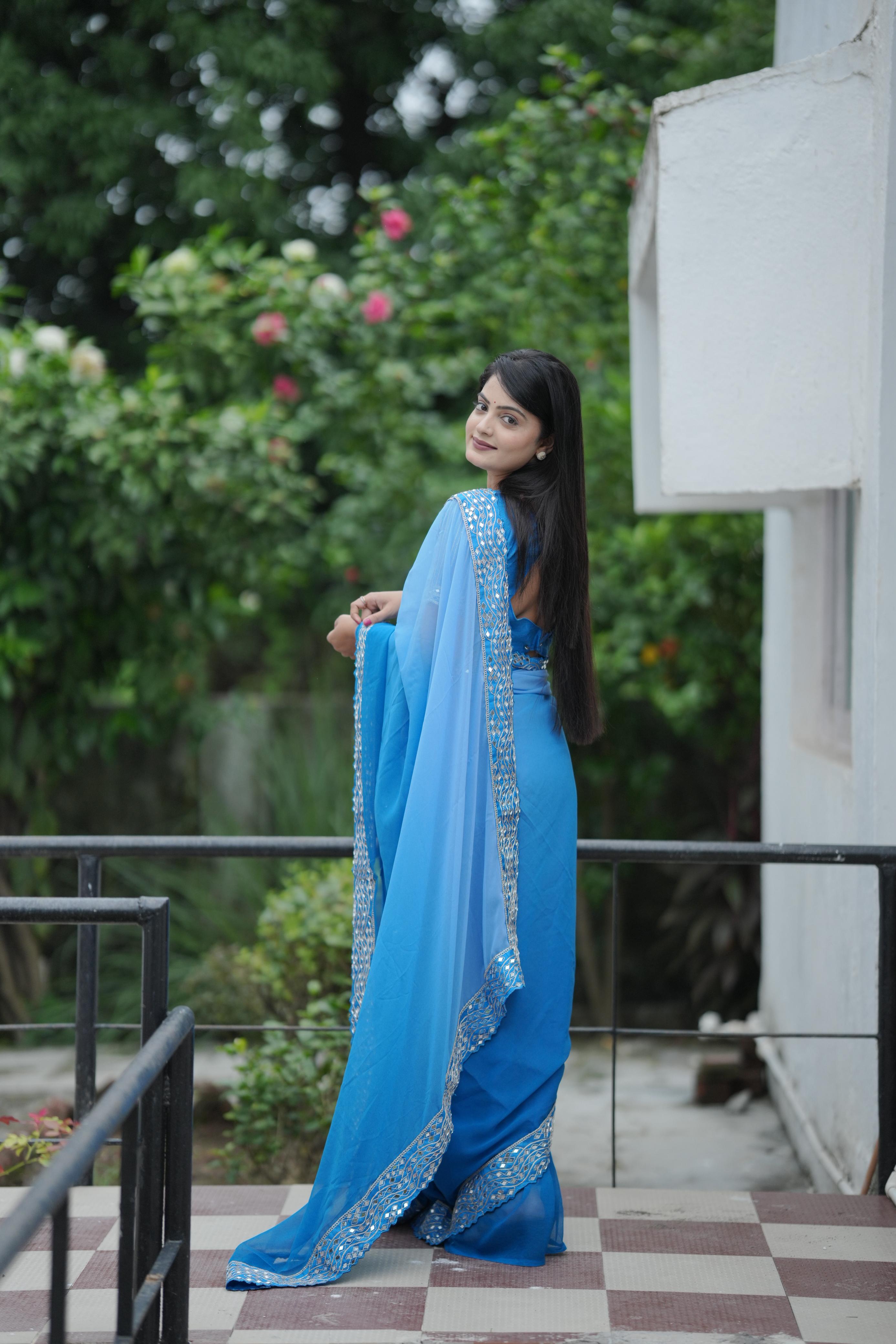 Sky Blue Pure Soft Heavy Faux Georgatte Saree