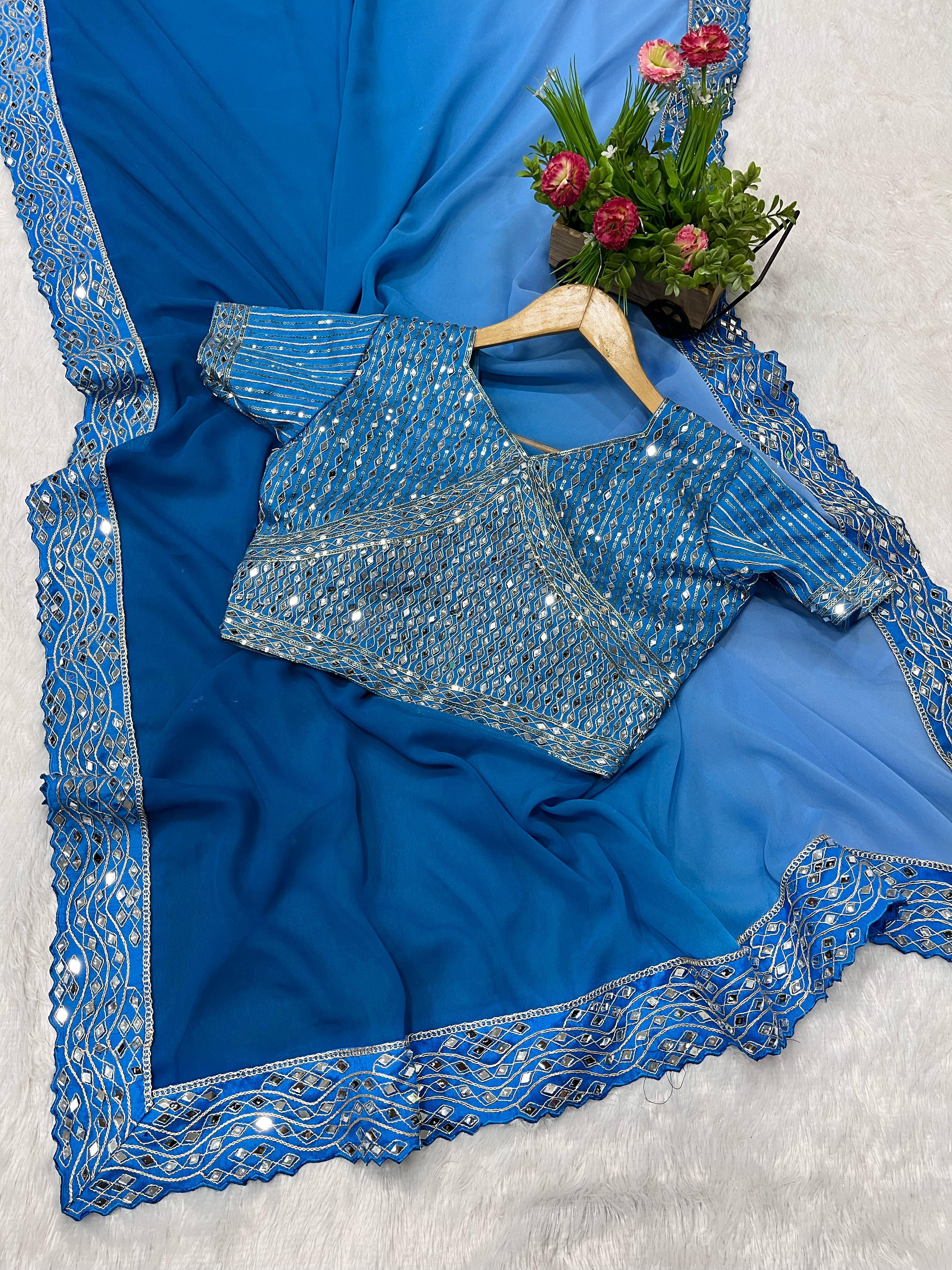 Sky Blue Pure Soft Heavy Faux Georgatte Saree