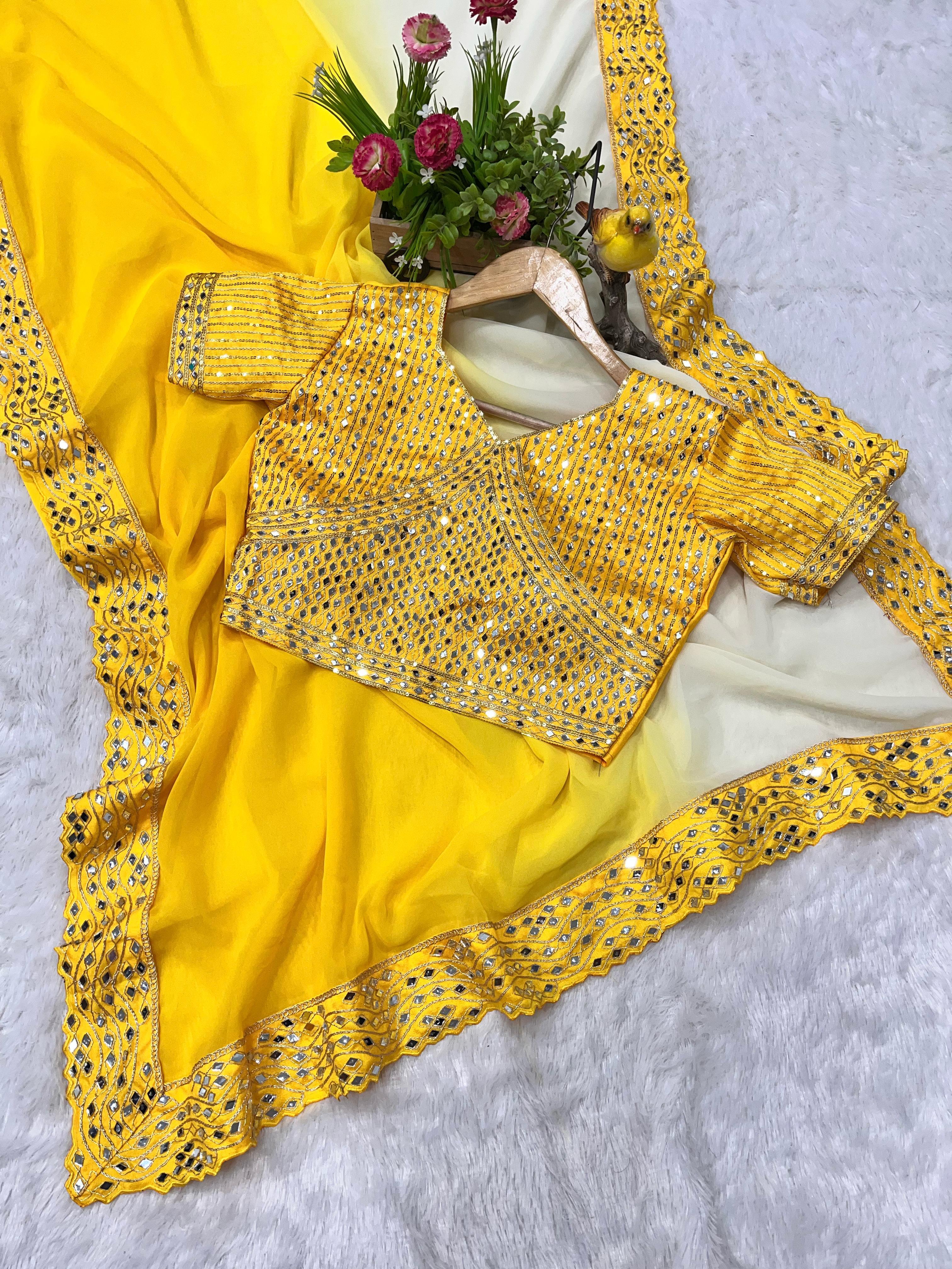 Yellow Pure Soft Heavy Faux Georgatte Saree Georgette Saree Anant Tex Exports Pvt.Ltd..
