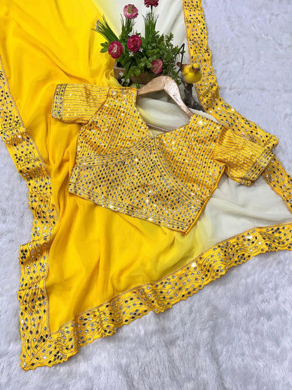 Yellow Pure Soft Heavy Faux Georgatte Saree Georgette Saree Anant Tex Exports Pvt.Ltd..