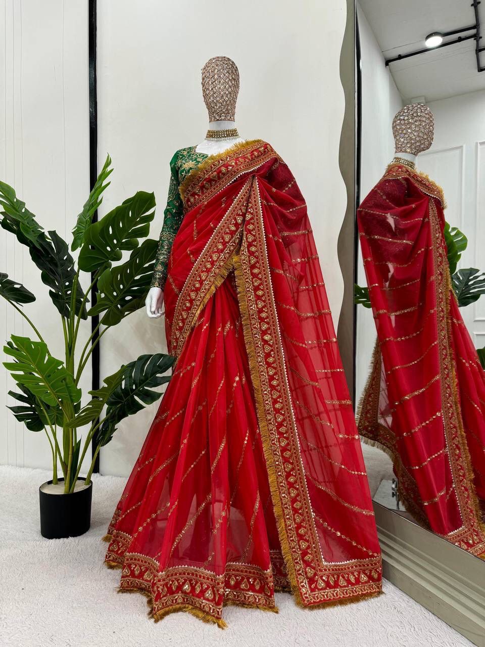 Red Pure Soft Organza Silk Heavy Embroidery Work Organza Saree