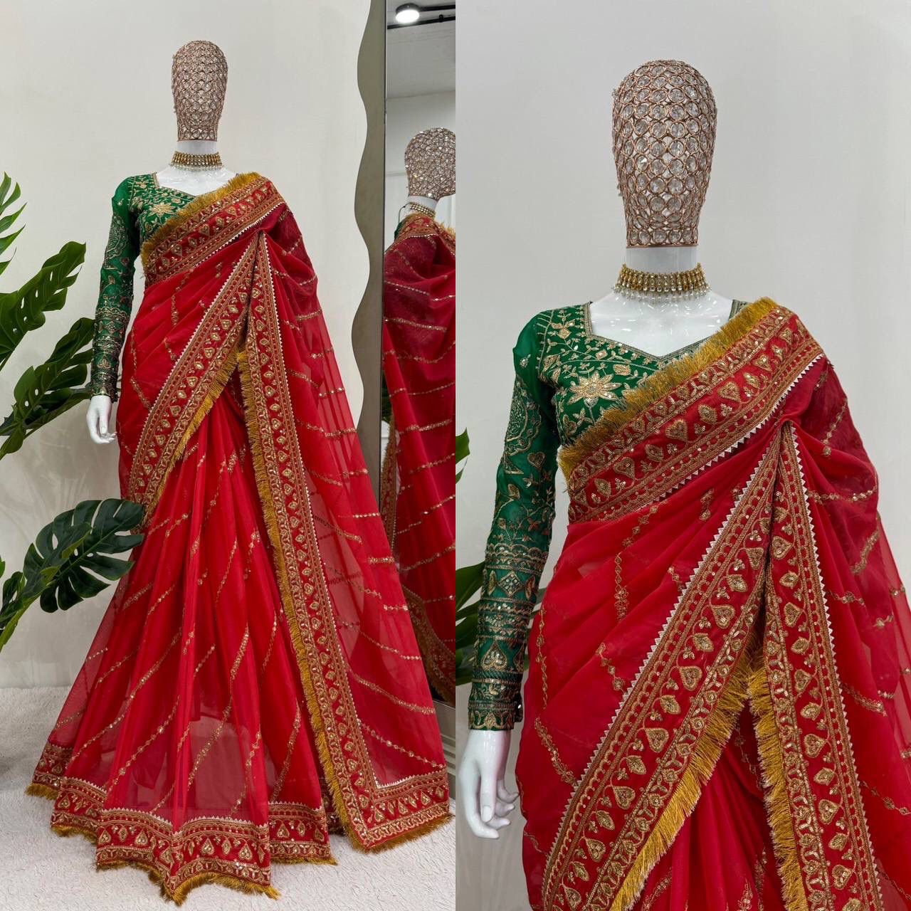 Red Pure Soft Organza Silk Heavy Embroidery Work Organza Saree