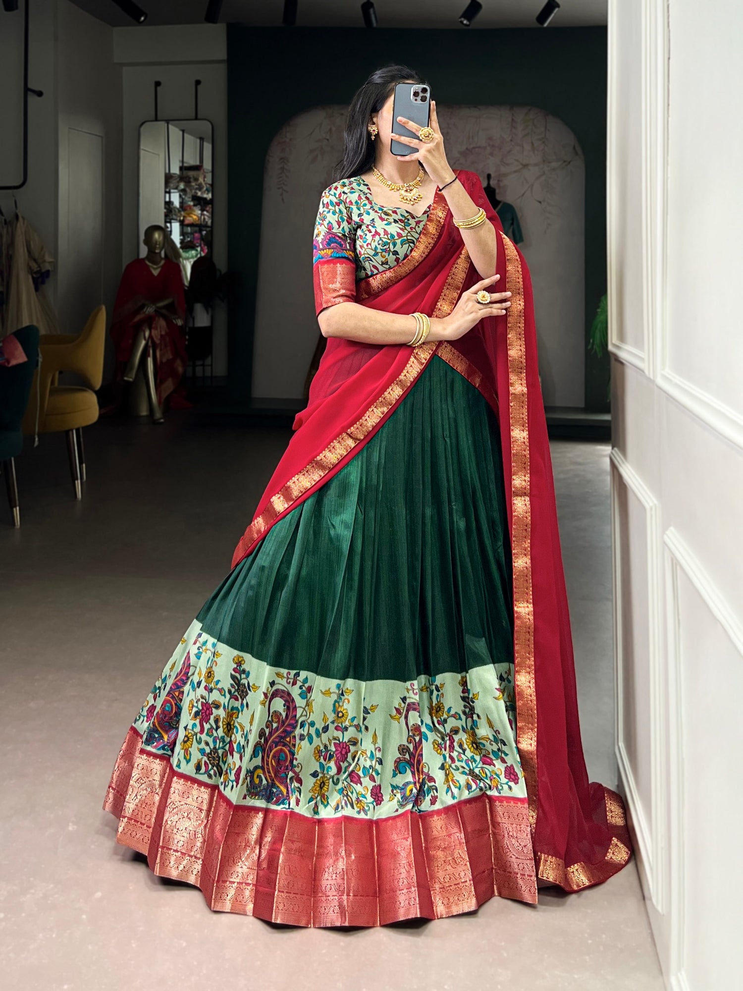 Green Pure Aastha Silk Printed Weaving Lehenga Choli Chaniya Choli Anant Tex Exports Pvt.Ltd..