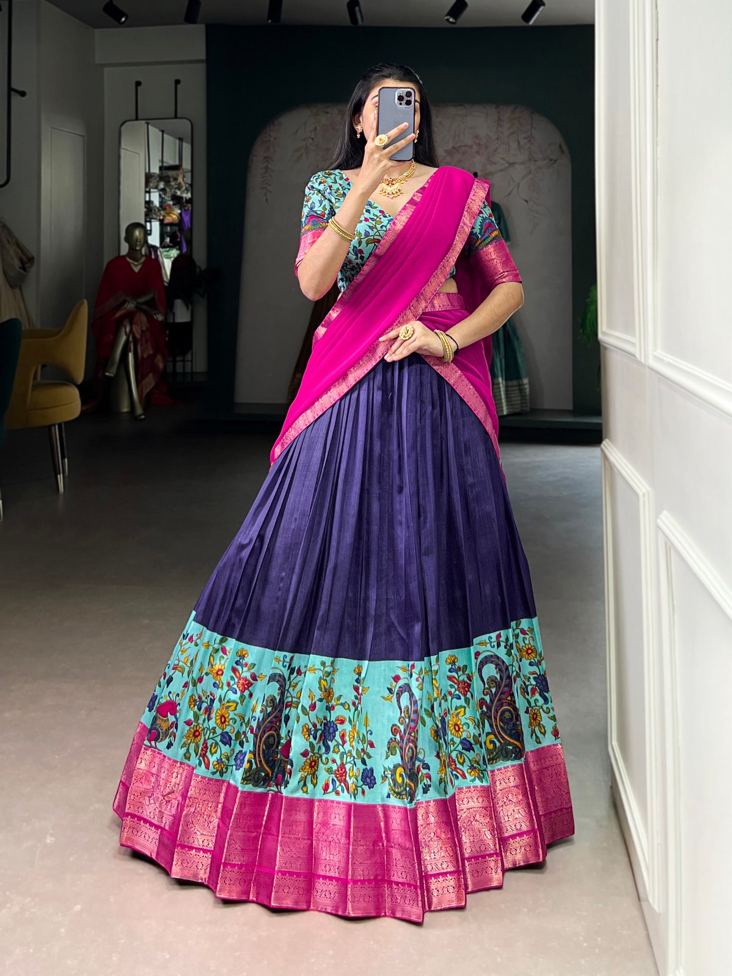 Navy Blue Pure Aastha Silk Printed Weaving Lehenga Choli Chaniya Choli Anant Tex Exports Pvt.Ltd..