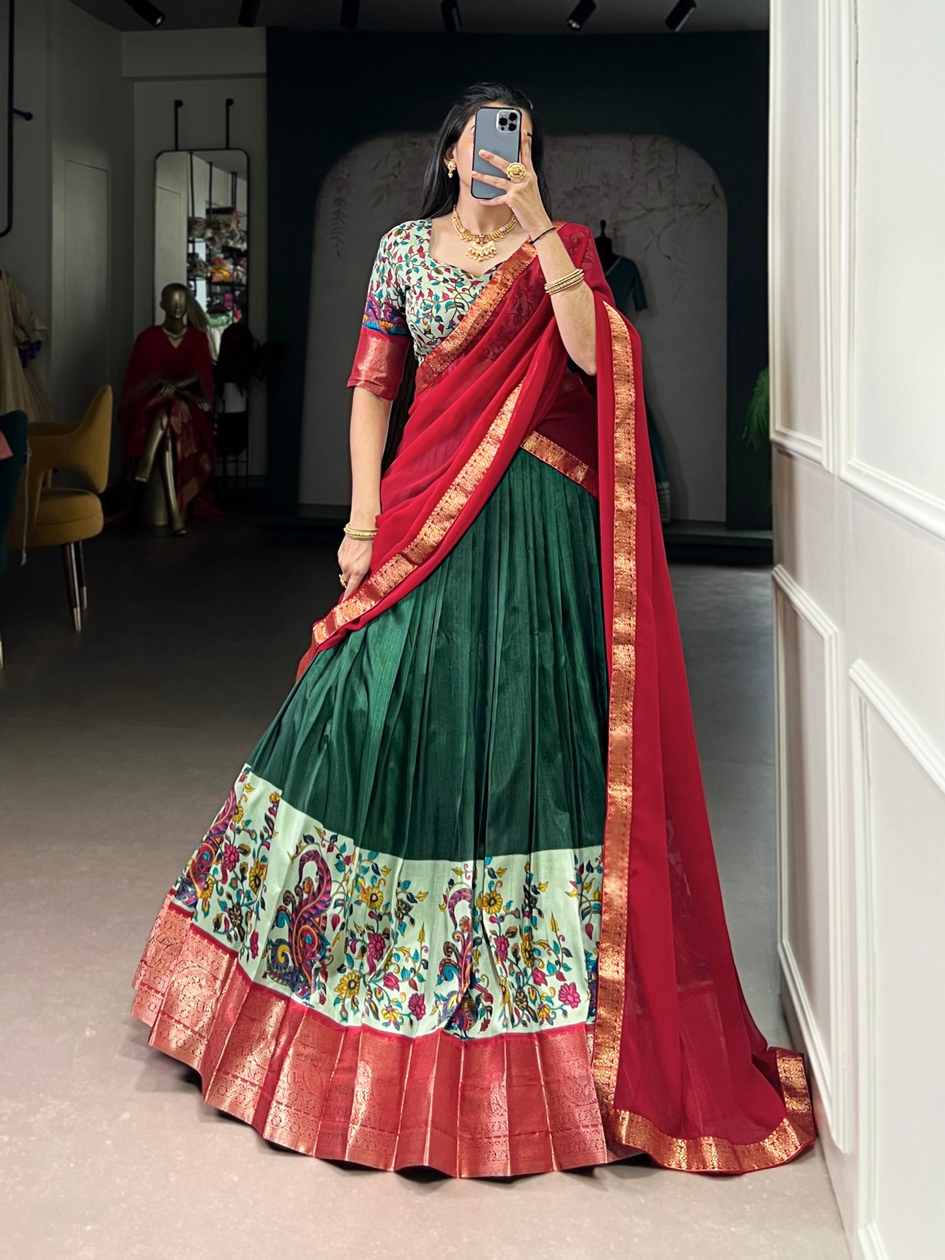 Green Pure Aastha Silk Printed Weaving Lehenga Choli Chaniya Choli Anant Tex Exports Pvt.Ltd..