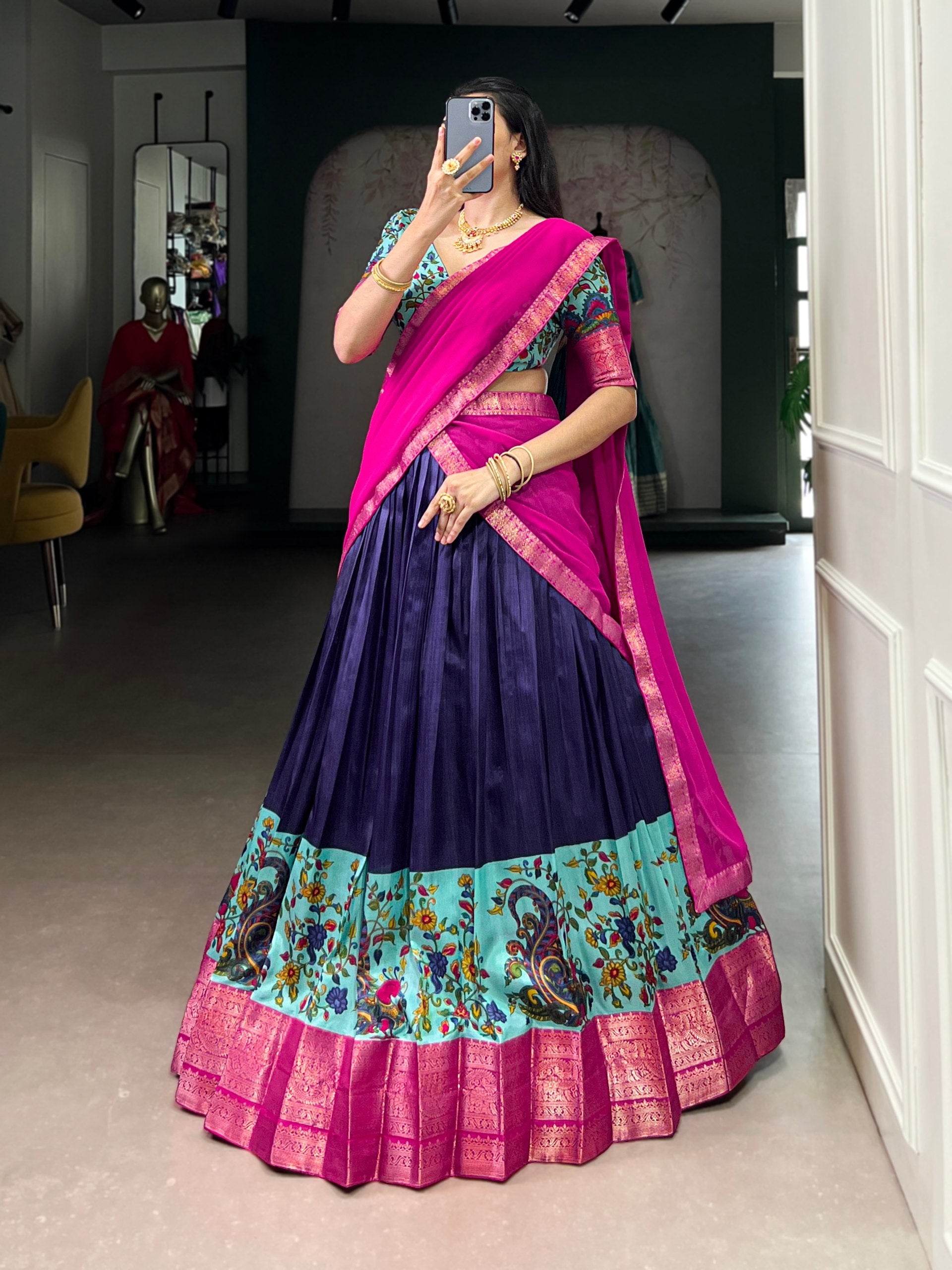 Navy Blue Pure Aastha Silk Printed Weaving Lehenga Choli