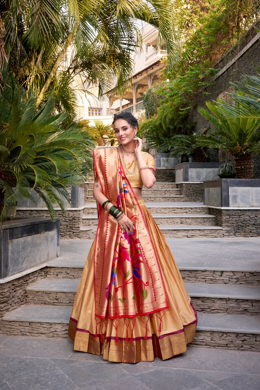 Chiku Pure Soft Jacquard Paithani Silk South Indian Lehenga Saree Half Lehenga Saree Anant Tex Exports Pvt.Ltd..