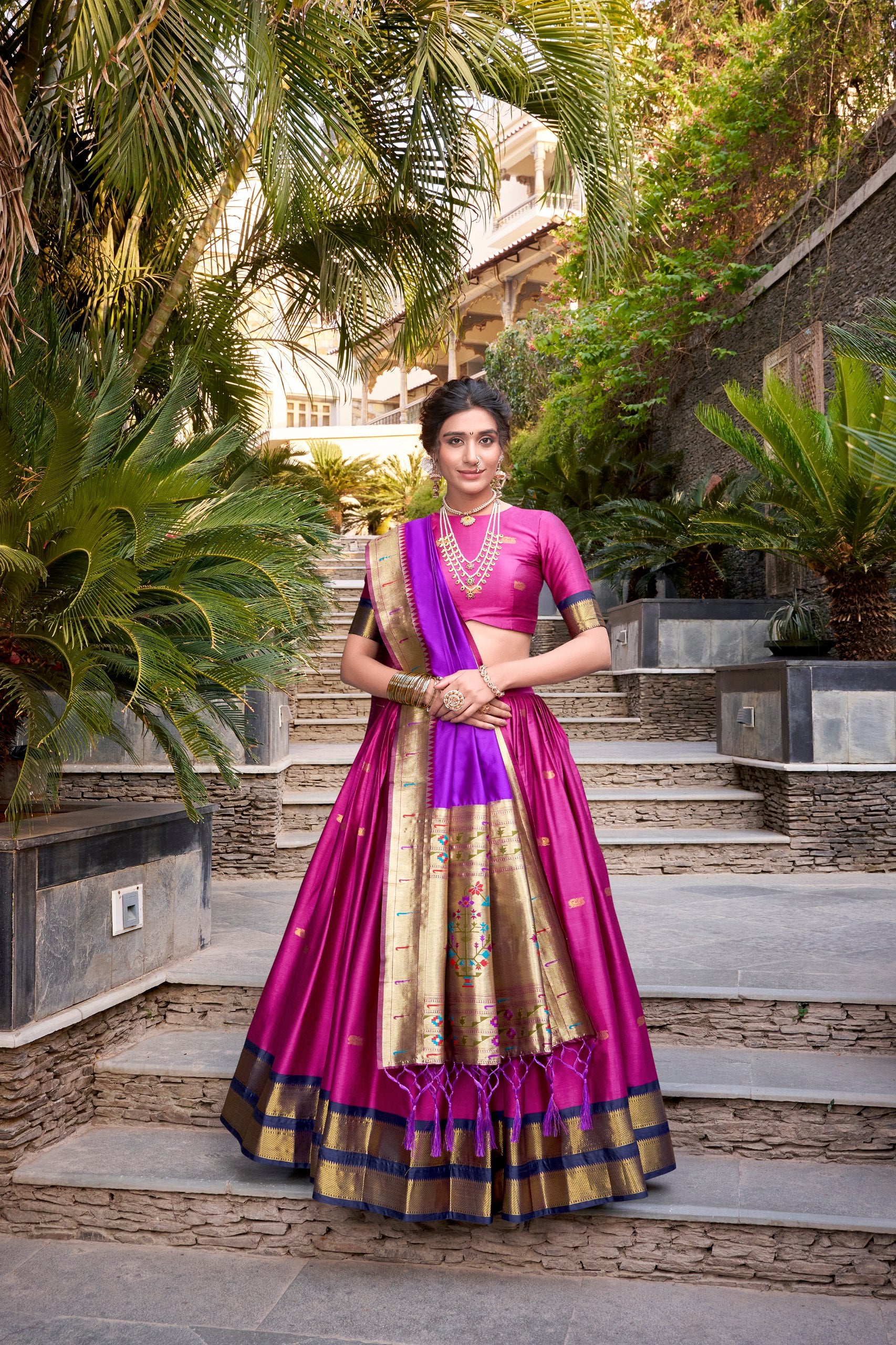 Pink Pure Soft Jacquard Paithani Silk South Indian Lehenga Saree