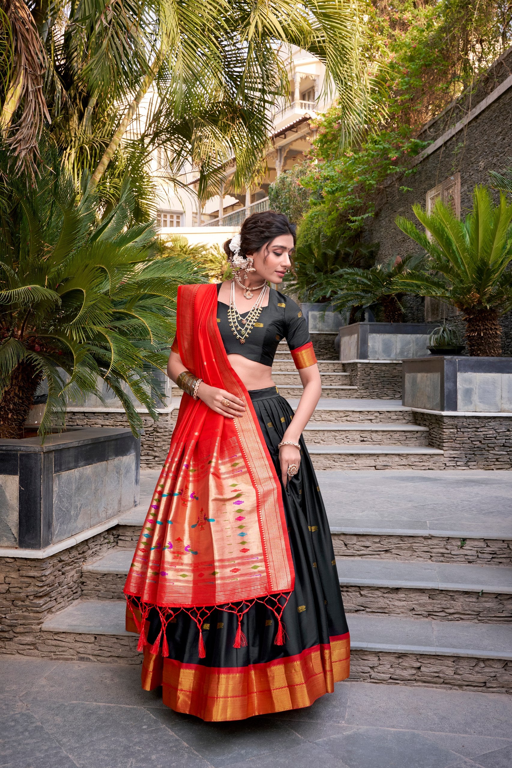 Black Pure Soft Jacquard Paithani Silk South Indian Lehenga Saree