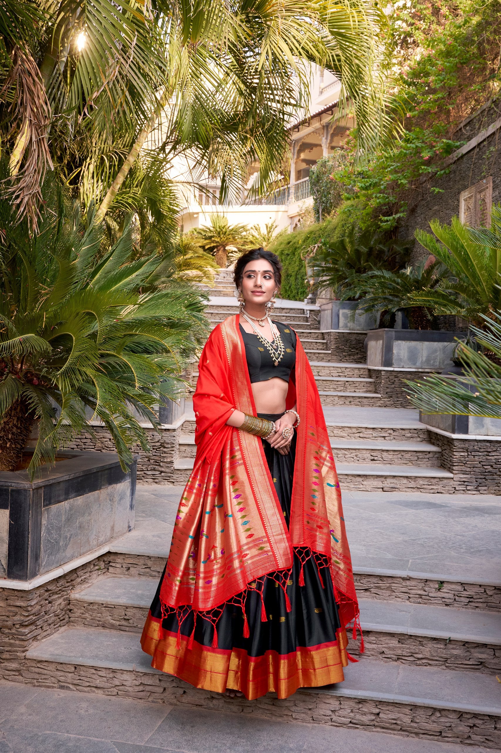 Black Pure Soft Jacquard Paithani Silk South Indian Lehenga Saree