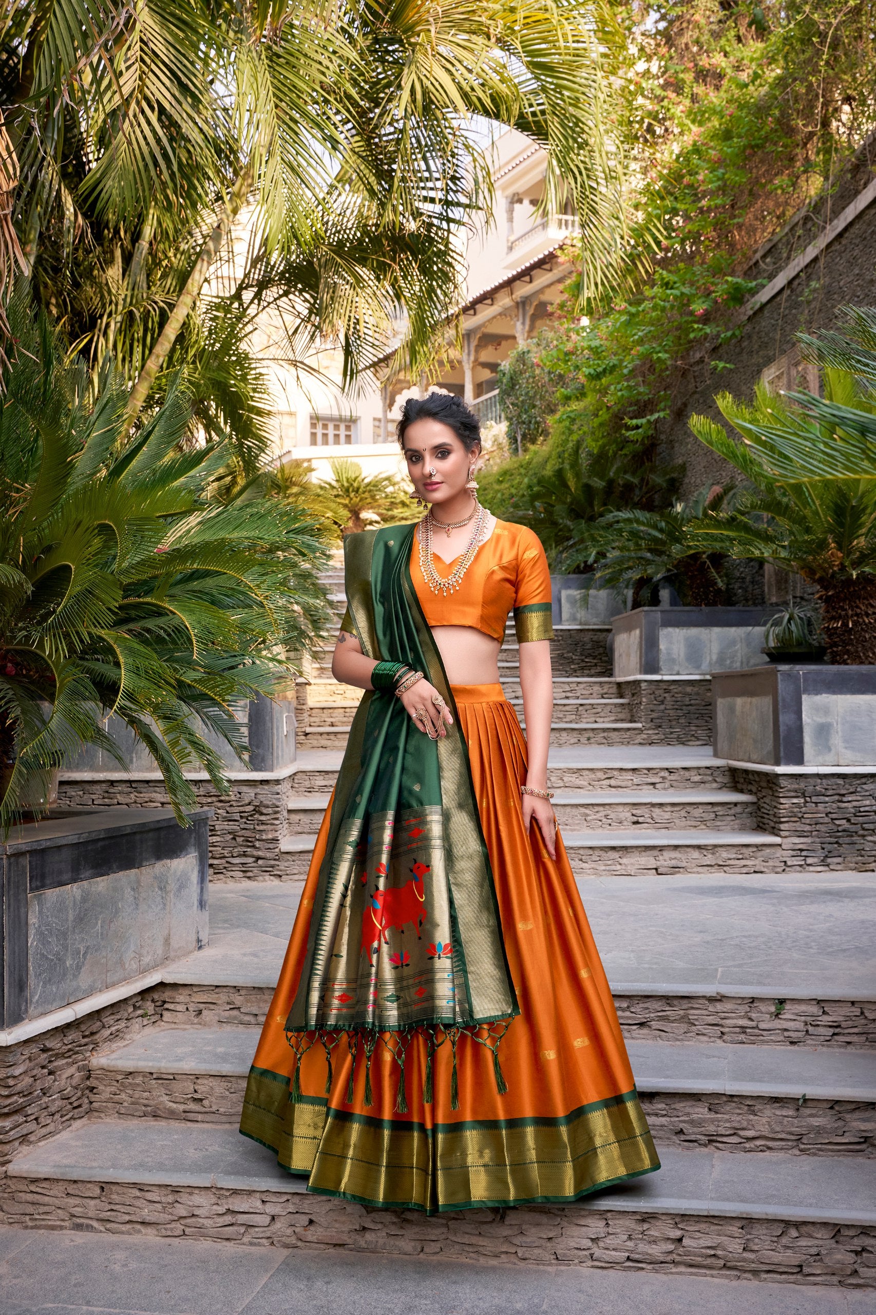 Orange Pure Soft Jacquard Paithani Silk South Indian Lehenga Saree