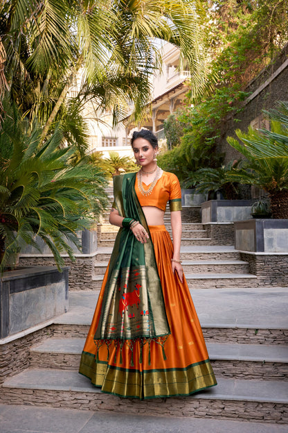 Orange Pure Soft Jacquard Paithani Silk South Indian Lehenga Saree Half Lehenga Saree Anant Tex Exports Pvt.Ltd..