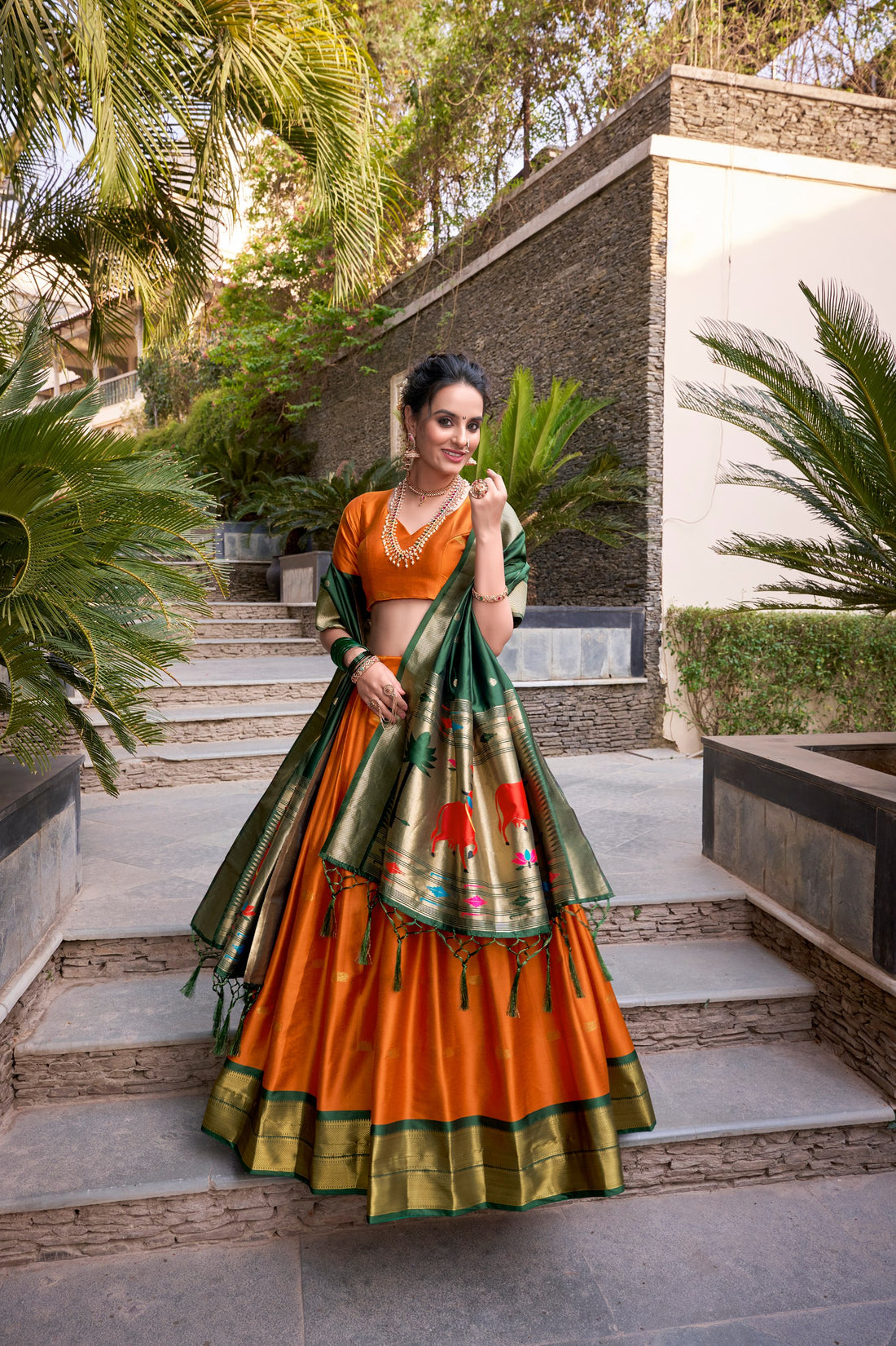 Orange Pure Soft Jacquard Paithani Silk South Indian Lehenga Saree Half Lehenga Saree Anant Tex Exports Pvt.Ltd..
