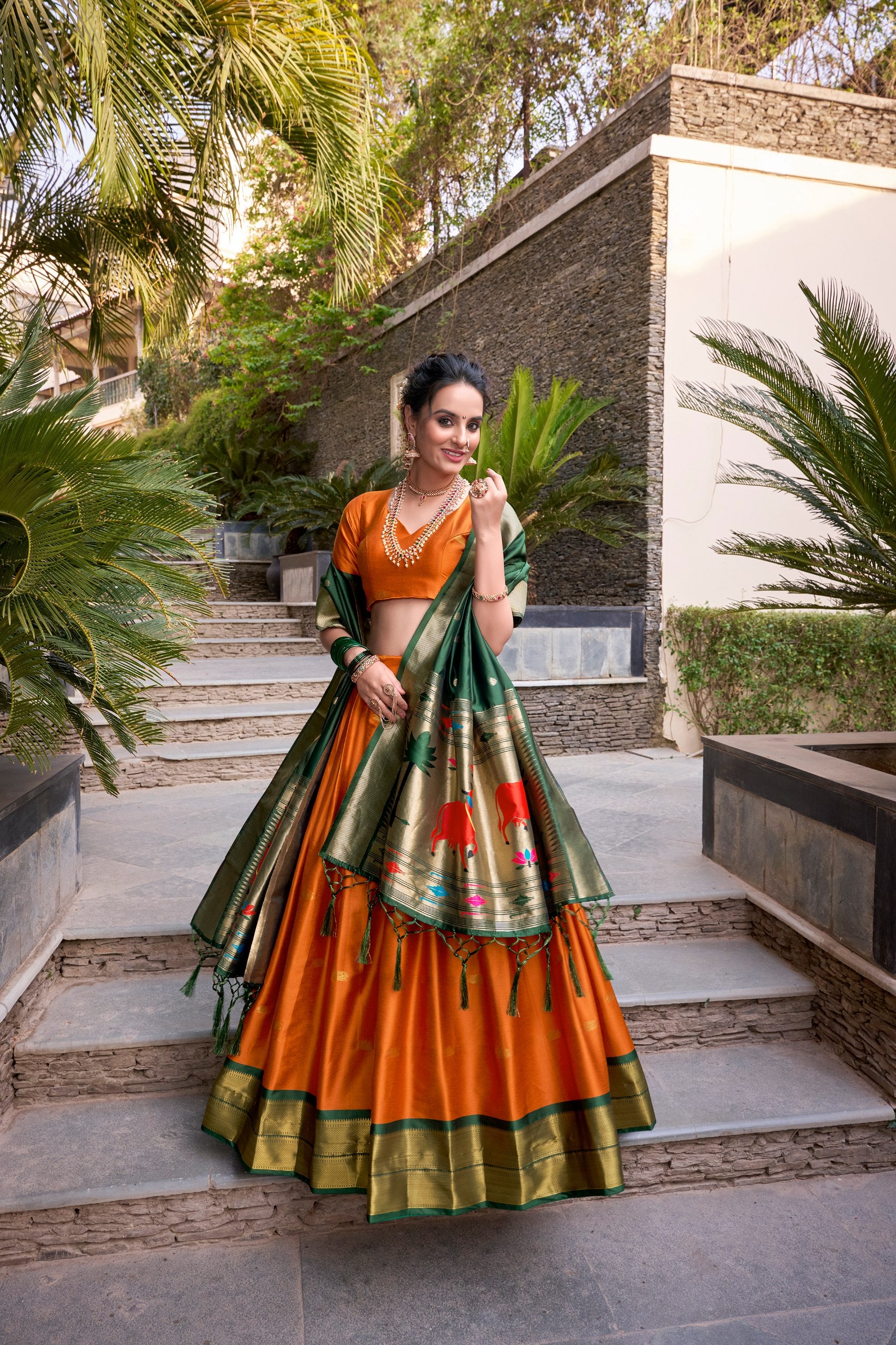 Orange Pure Soft Jacquard Paithani Silk South Indian Lehenga Saree