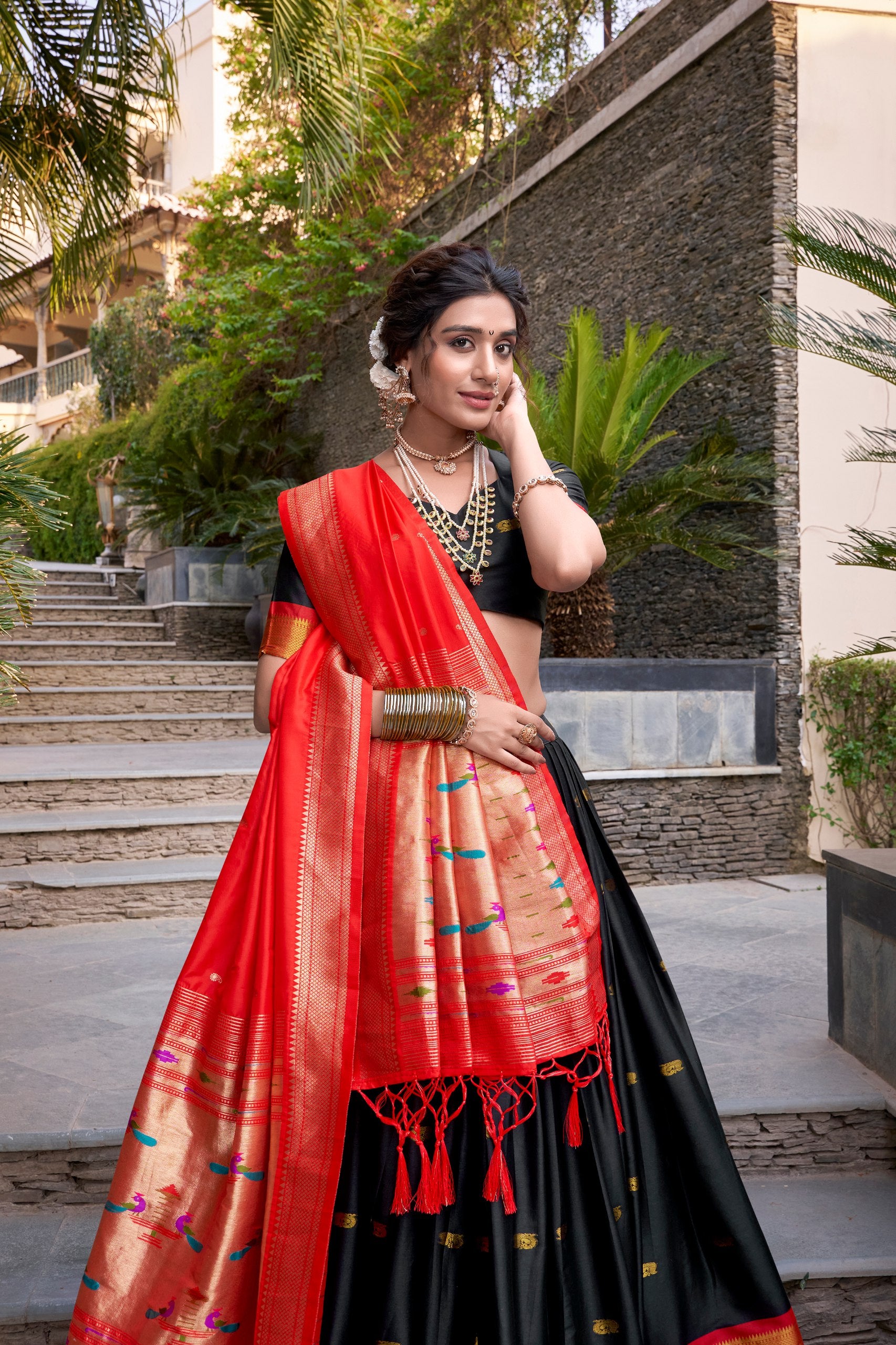 Black Pure Soft Jacquard Paithani Silk South Indian Lehenga Saree