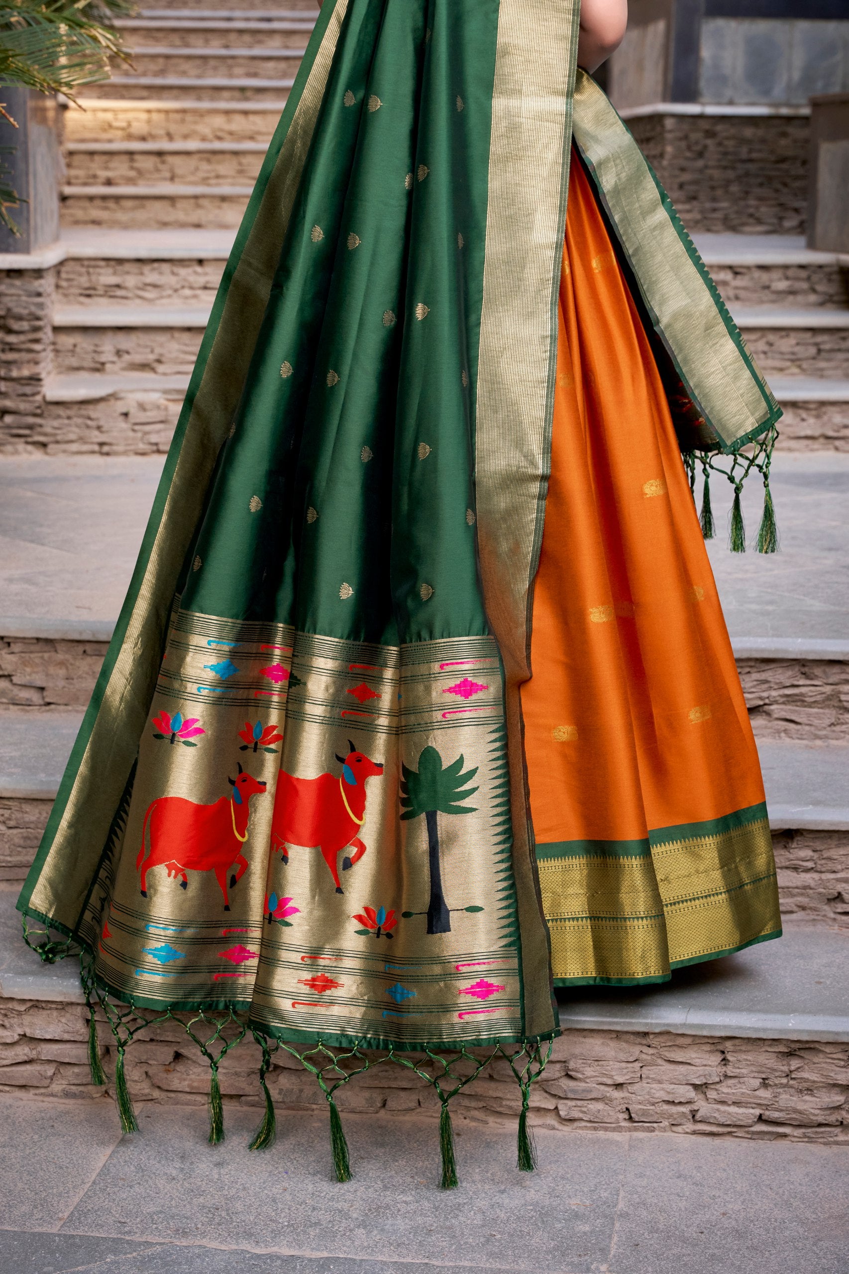 Orange Pure Soft Jacquard Paithani Silk South Indian Lehenga Saree