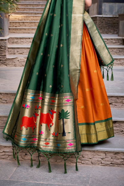 Orange Pure Soft Jacquard Paithani Silk South Indian Lehenga Saree Half Lehenga Saree Anant Tex Exports Pvt.Ltd..