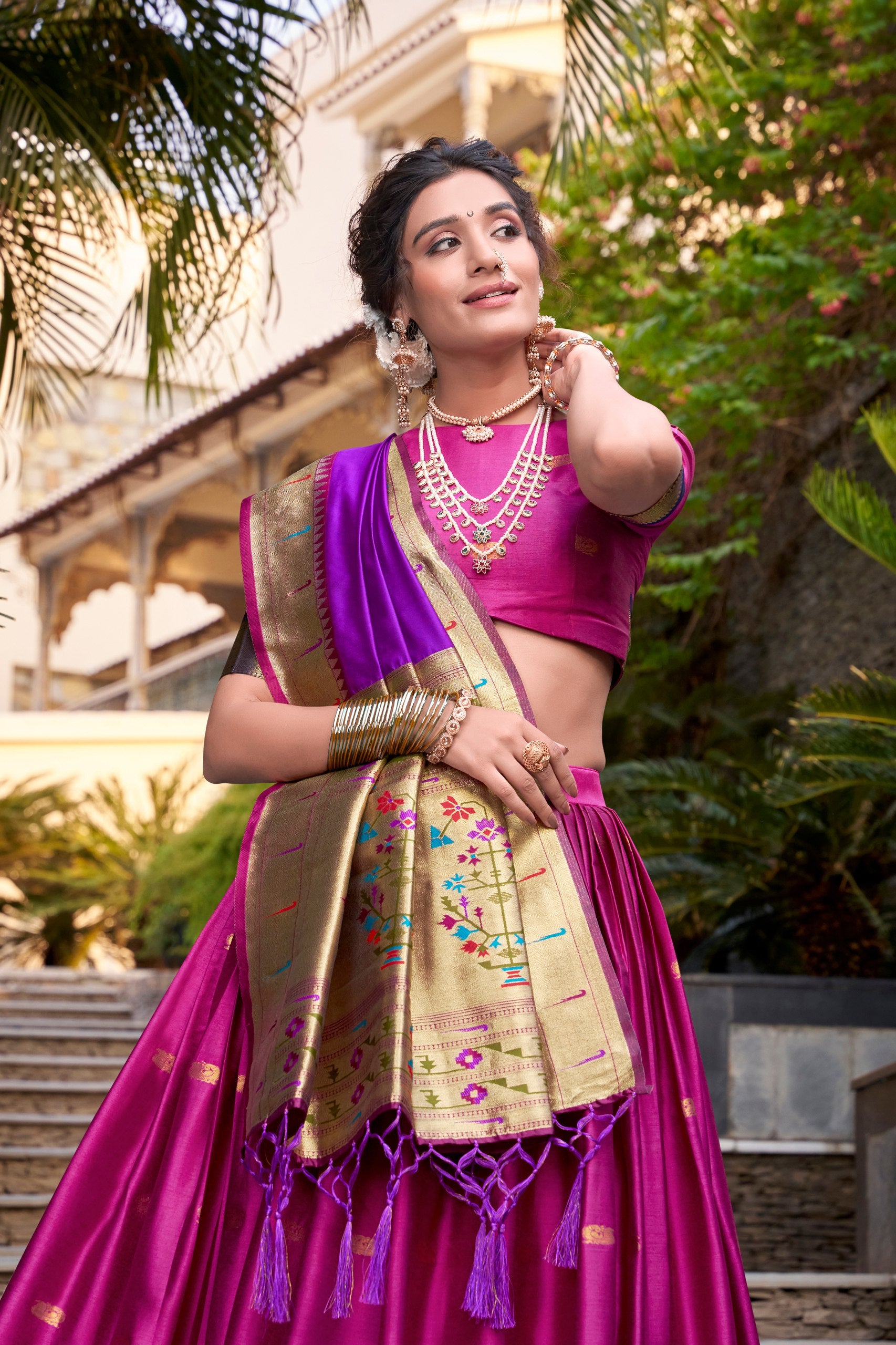 Pink Pure Soft Jacquard Paithani Silk South Indian Lehenga Saree
