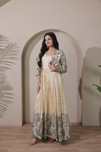Cream Pure Tussar Silk Blend Kalamkari Anarkali Gown Anarkali Gown Anant Tex Exports Pvt.Ltd..