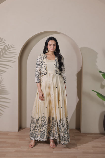Cream Pure Tussar Silk Blend Kalamkari Anarkali Gown Anarkali Gown Anant Tex Exports Pvt.Ltd..