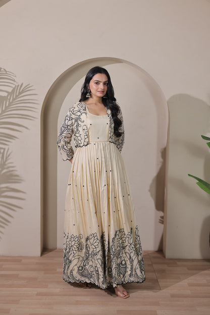 Cream Pure Tussar Silk Blend Kalamkari Anarkali Gown Anarkali Gown Anant Tex Exports Pvt.Ltd..