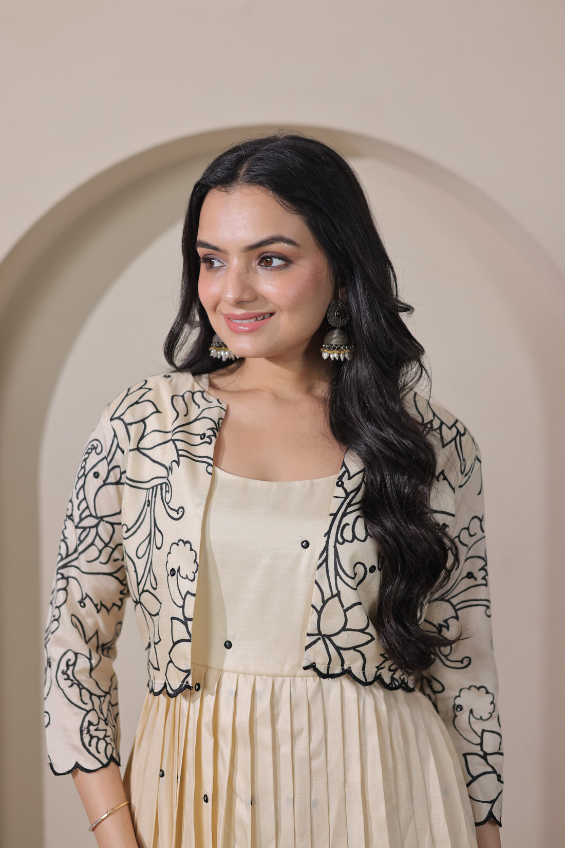 Cream Pure Tussar Silk Blend Kalamkari Anarkali Gown Anarkali Gown Anant Tex Exports Pvt.Ltd..