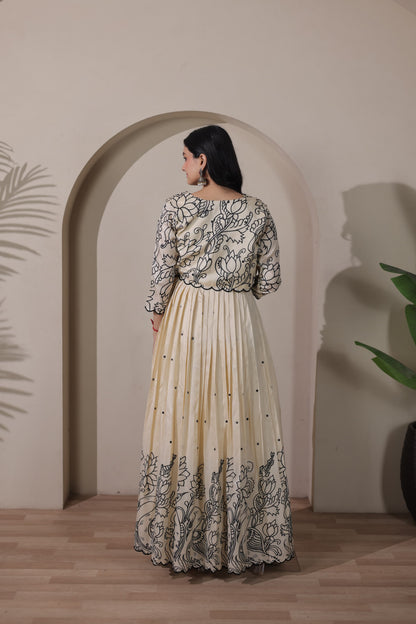 Cream Pure Tussar Silk Blend Kalamkari Anarkali Gown Anarkali Gown Anant Tex Exports Pvt.Ltd..