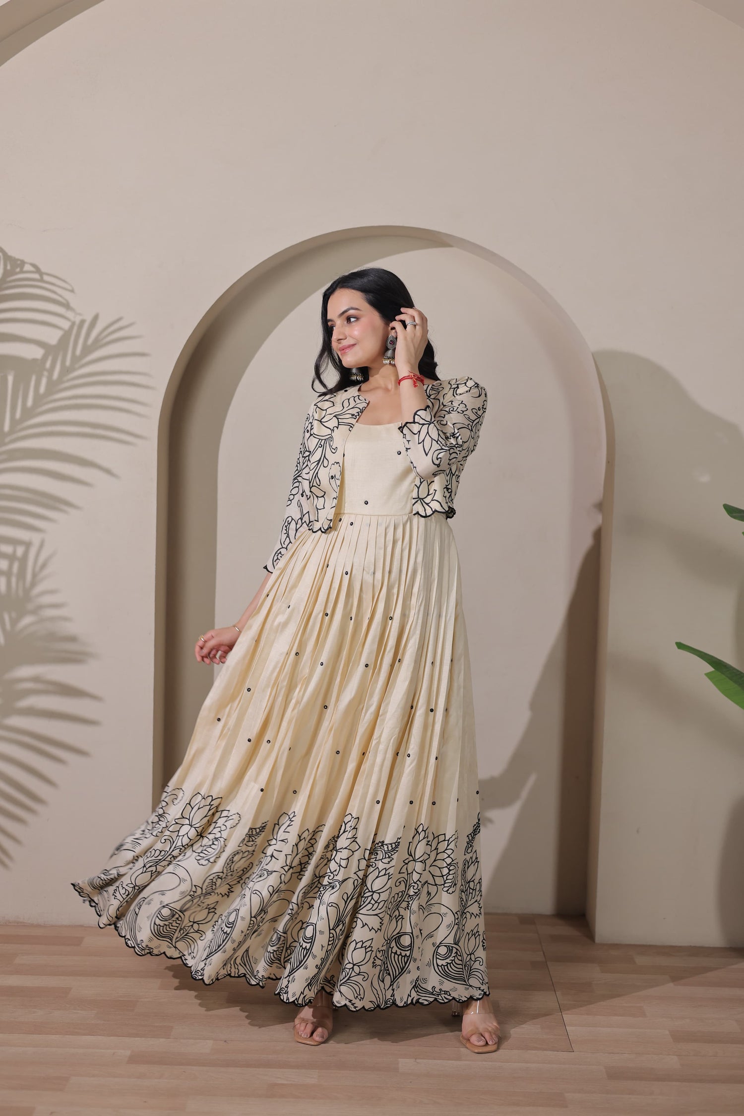 Cream Pure Tussar Silk Blend Kalamkari Anarkali Gown Anarkali Gown Anant Tex Exports Pvt.Ltd..