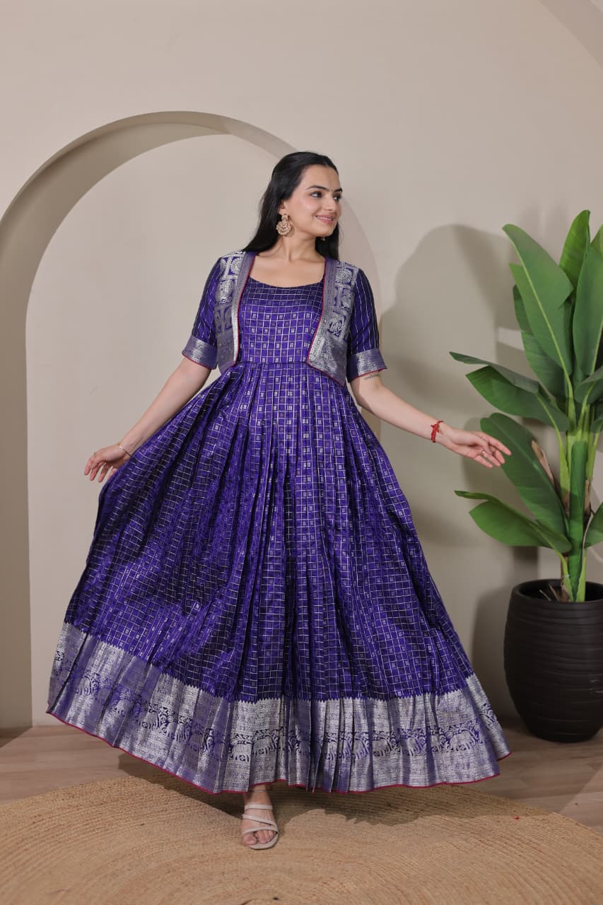Blue Pure Soft Silk Blend Weaving Anarkali Gown