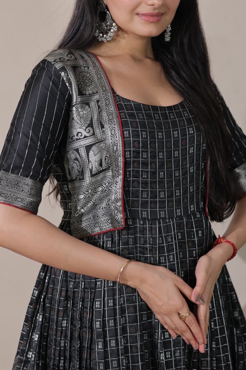 Black Pure Soft Silk Blend Weaving Anarkali Gown