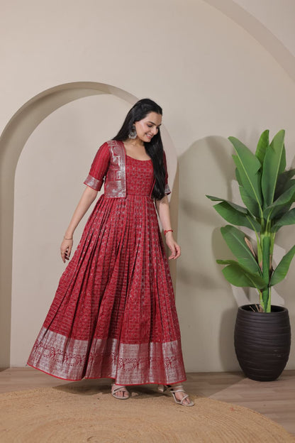 Red Pure Soft Silk Blend Weaving Anarkali Gown Anarkali Gown Anant Tex Exports Pvt.Ltd..