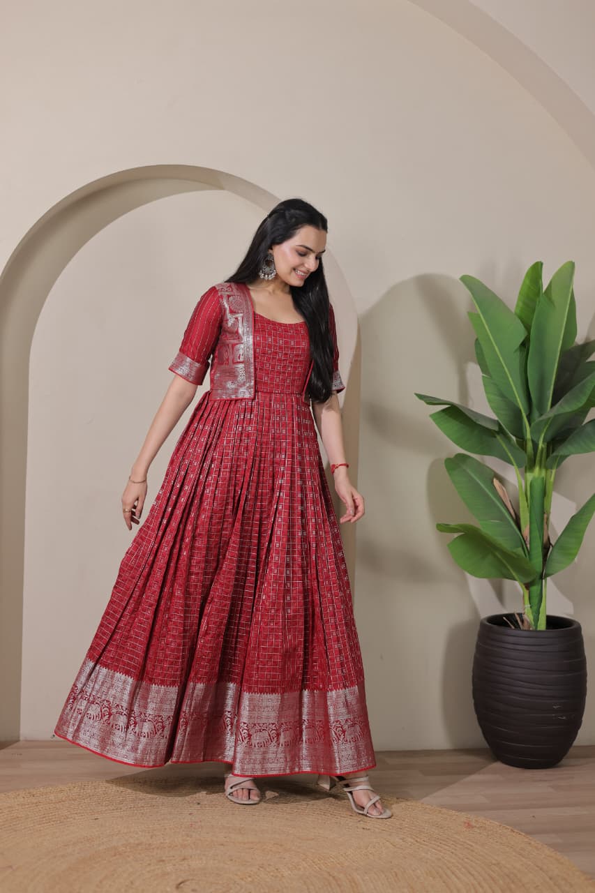 Red Pure Soft Silk Blend Weaving Anarkali Gown